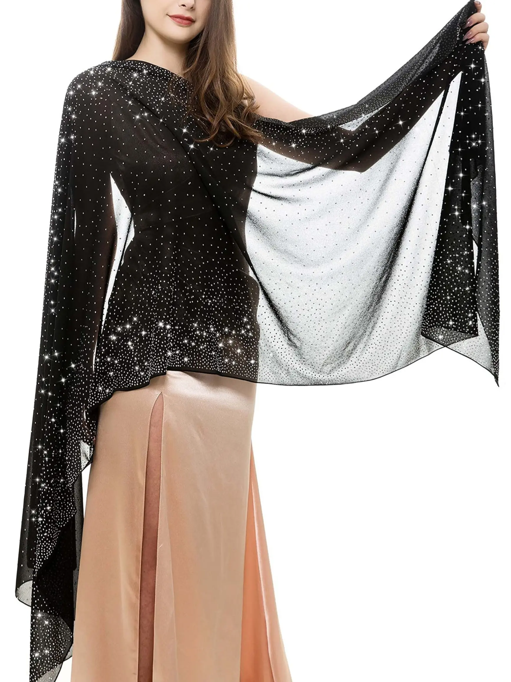 Women's Evening Gown Chiffon Shimmer Rhinestone Scarf, Semi-Transparent Wedding Party Shawl, Lightweight Sheer Wrap, Elegant Accessory, Fashion Shawl