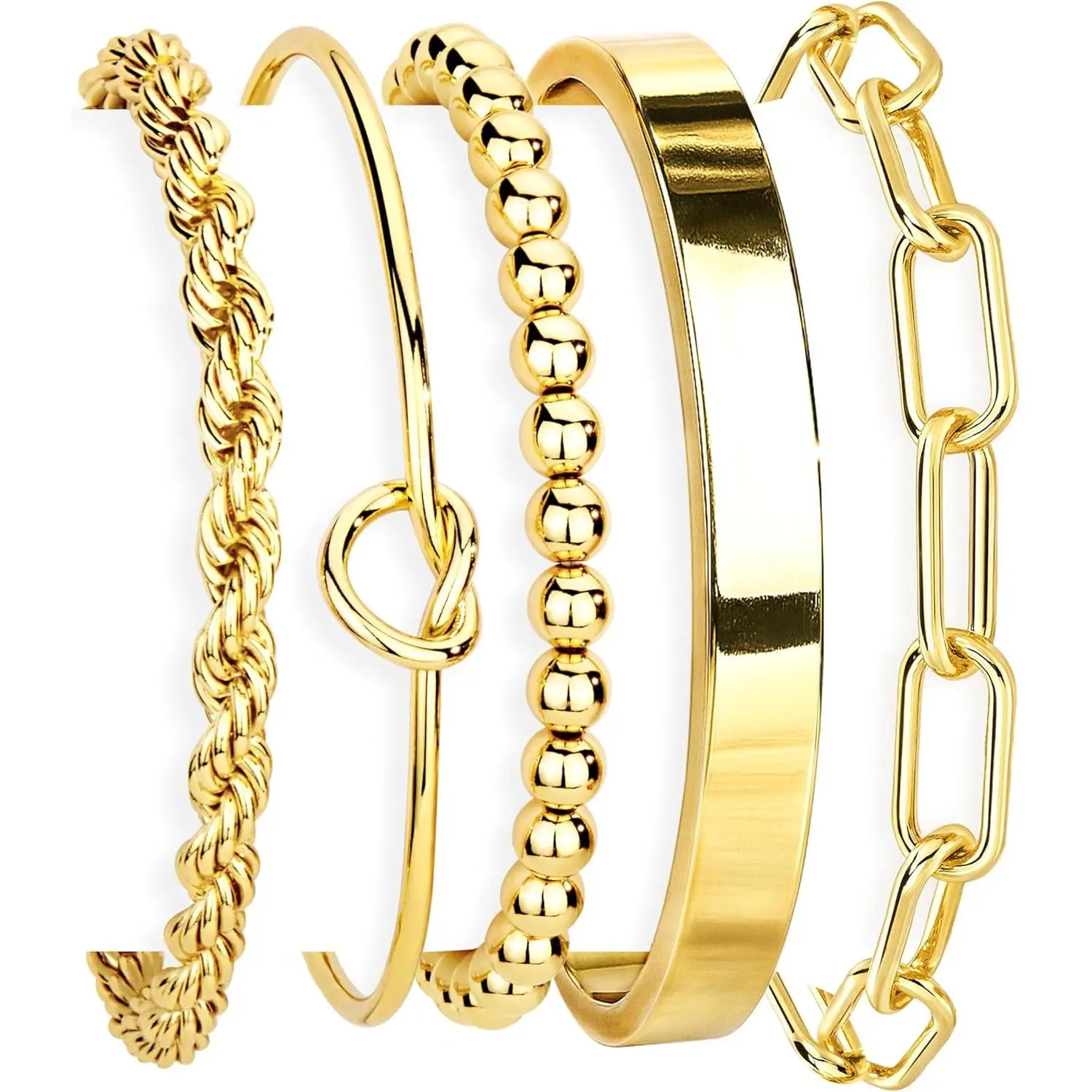 Gold Bracelets Set for Women Non Tarnish Waterproof 14K Gold Plated Sterling Silver Chunky Cuff Bracelet Stackable Bangles Trendy Accessories Tie Knot Cuban Rope Paperclip Beaded Stack Jewelry Mothers Day Gift for Mom