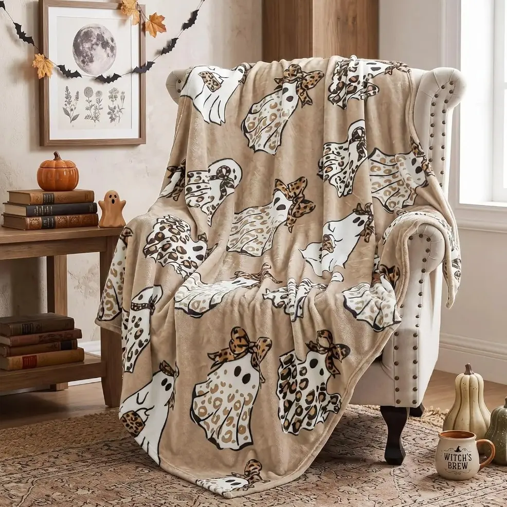 Hahafelt Halloween Cheetah Ghost Blanket Brown Leopard Throw Blanket | Soft Flannel Fleece, Wrinkle Resistant Cozy Spooky Home Decor, Western Boho Holiday Blanket, Adult & Baby Blanket, Halloween Season Gift birthday gift