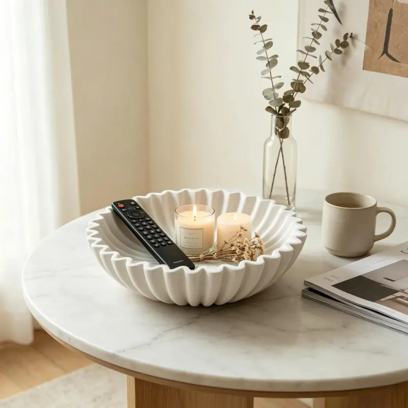 Matte White Round Pleated Storage Tray, Elegant Textured Decor Bowl, Decorative Bowl for Vanity, Coffee Table & Living Room Home Decoration, Home Accessories, Interior Decoration Accessories, Decoration Items