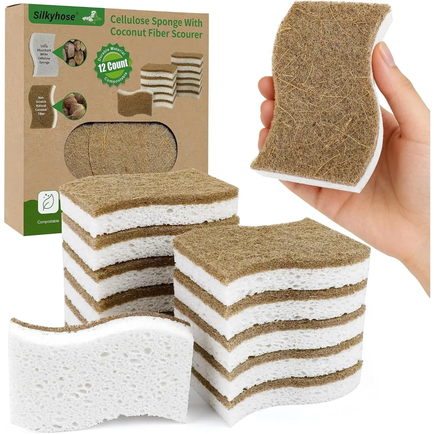 Natural Kitchen Sponges, Biodegradable & Compostable | Non-Scratch Cellulose Coconut Fiber Sponges for Dishes, Pots & Pans | Eco-Friendly Cleaning Sponge (12)