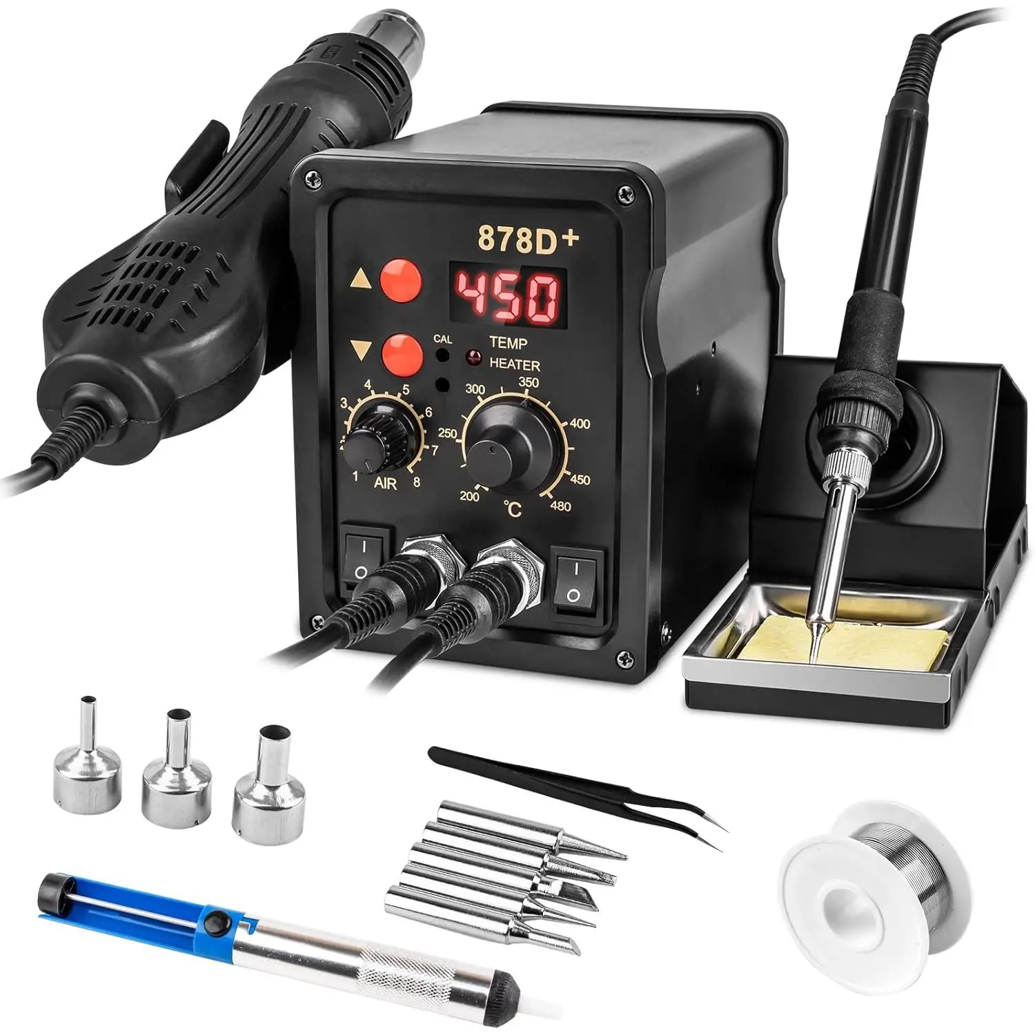 2 in 1 Hot Air Rework Soldering Iron Station Kit, Circuit Board Soldering Gun Kit, Heat up Solder Station, Dual System Independent, Auto Sleep & Calibration