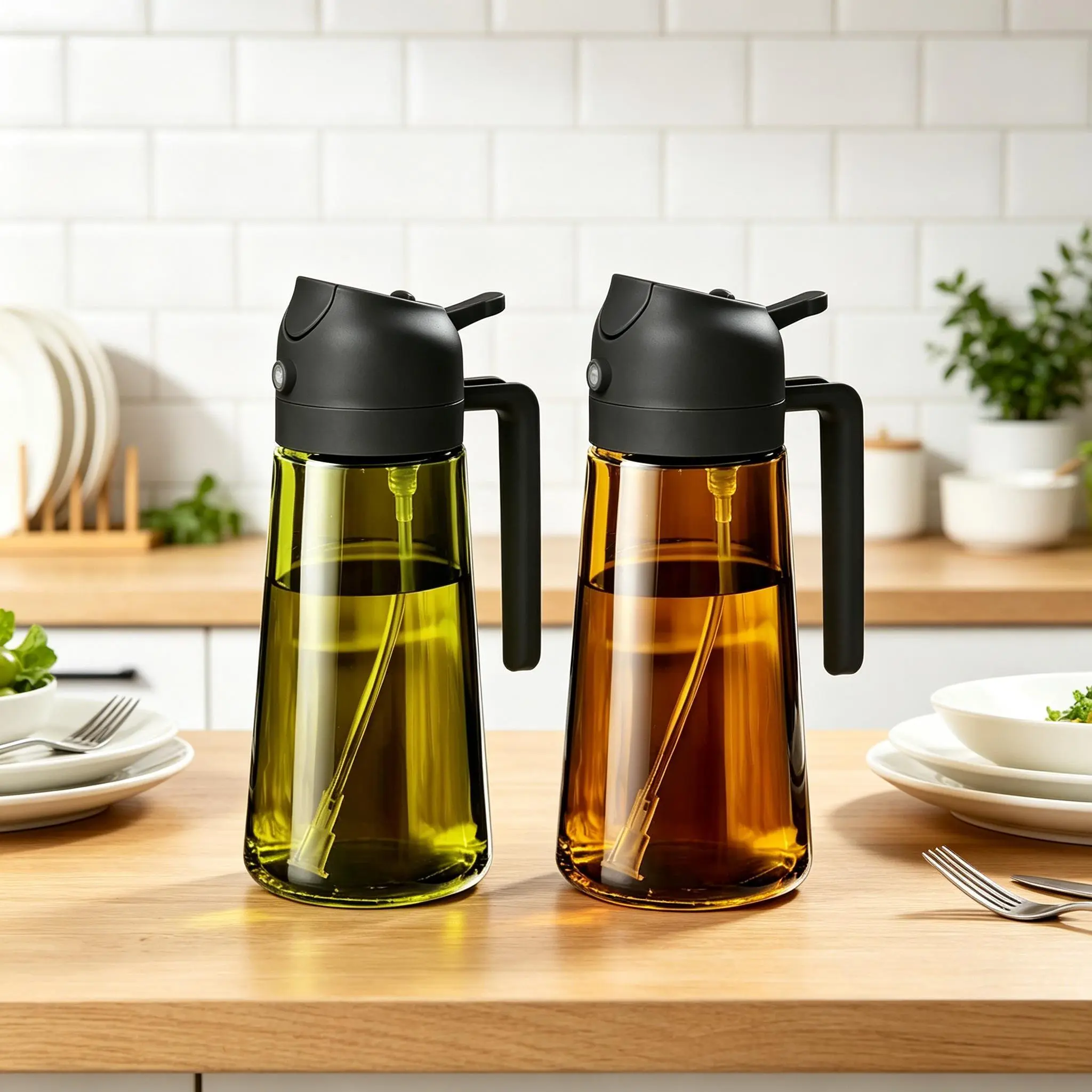 Nifogo Modern 3-Pack Oil Dispenser Set - 16oz/470ml Glass Sprayer Oil Dispensers with Handle, 2-in-1 Jar for Air Fryer, Cooking, Kitchen Utensils & Gadgets (Black, Green, White), Oil Spray Bottle For Cooking