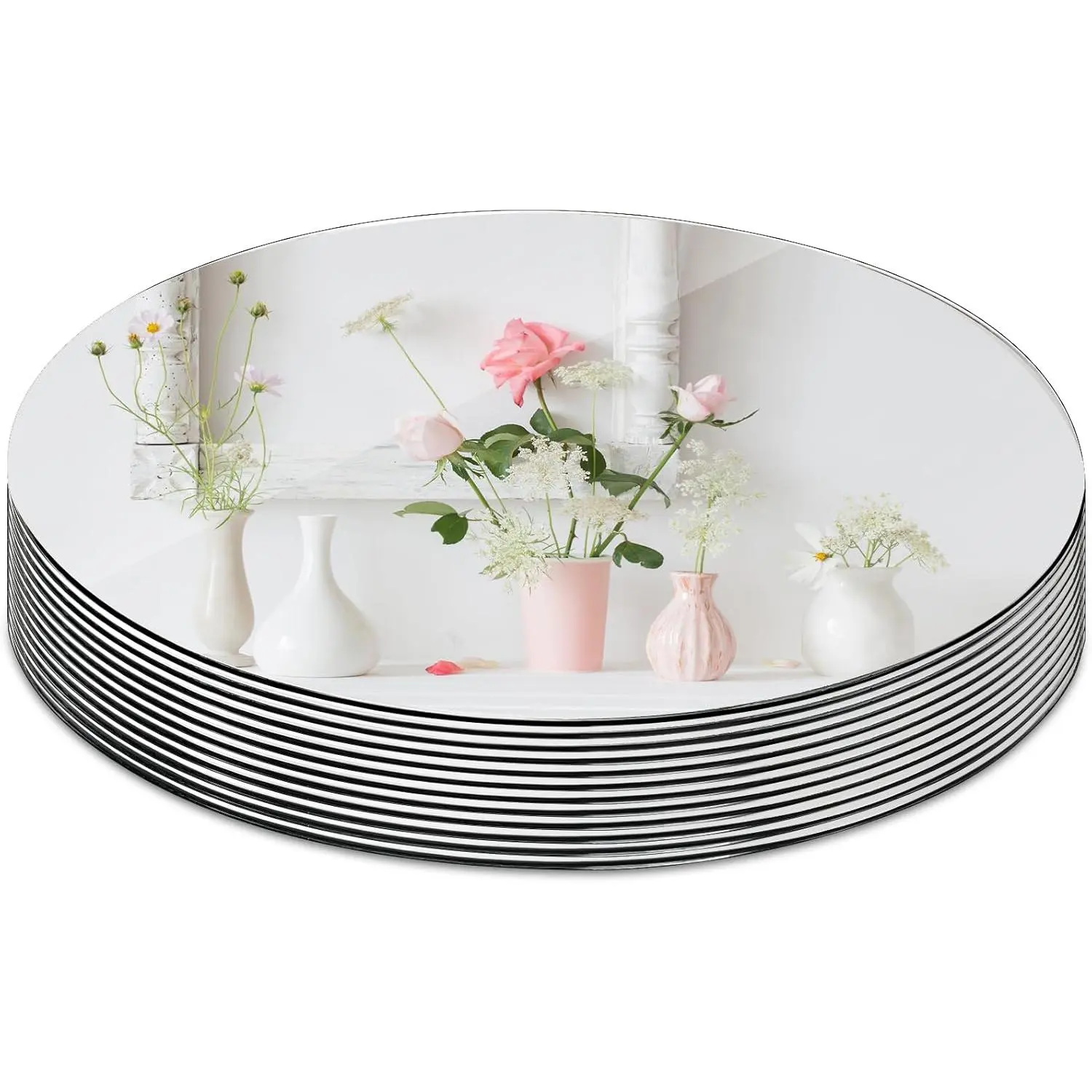 12-Piece 10-in Round Reflective Glass Mirror Trays - Modern Circle Wall-Mount Tiles, Candle Plates for Table Centerpieces, Wedding Decor (Home & Festive Supplies)
