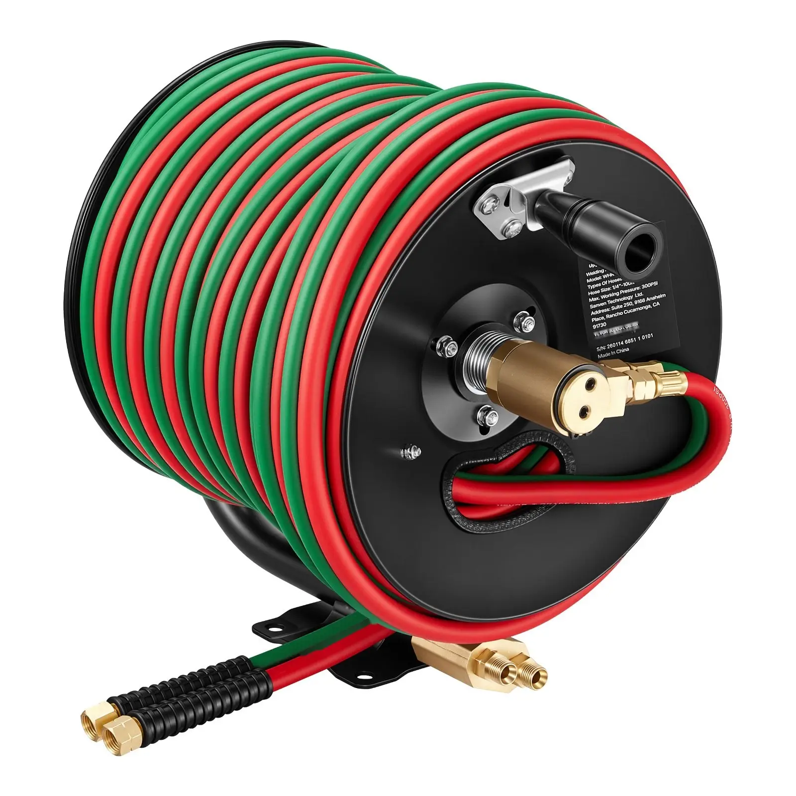 Retractable Welding Hose Reel With Hand Crank Manual Rewind 1/4 Inch By 100 Feet Twin Oxygen Acetylene Rubber Hose Max 300 PSI T Grade Ceiling Or Wall Mount Steel Reel For Workshop And Garage Use