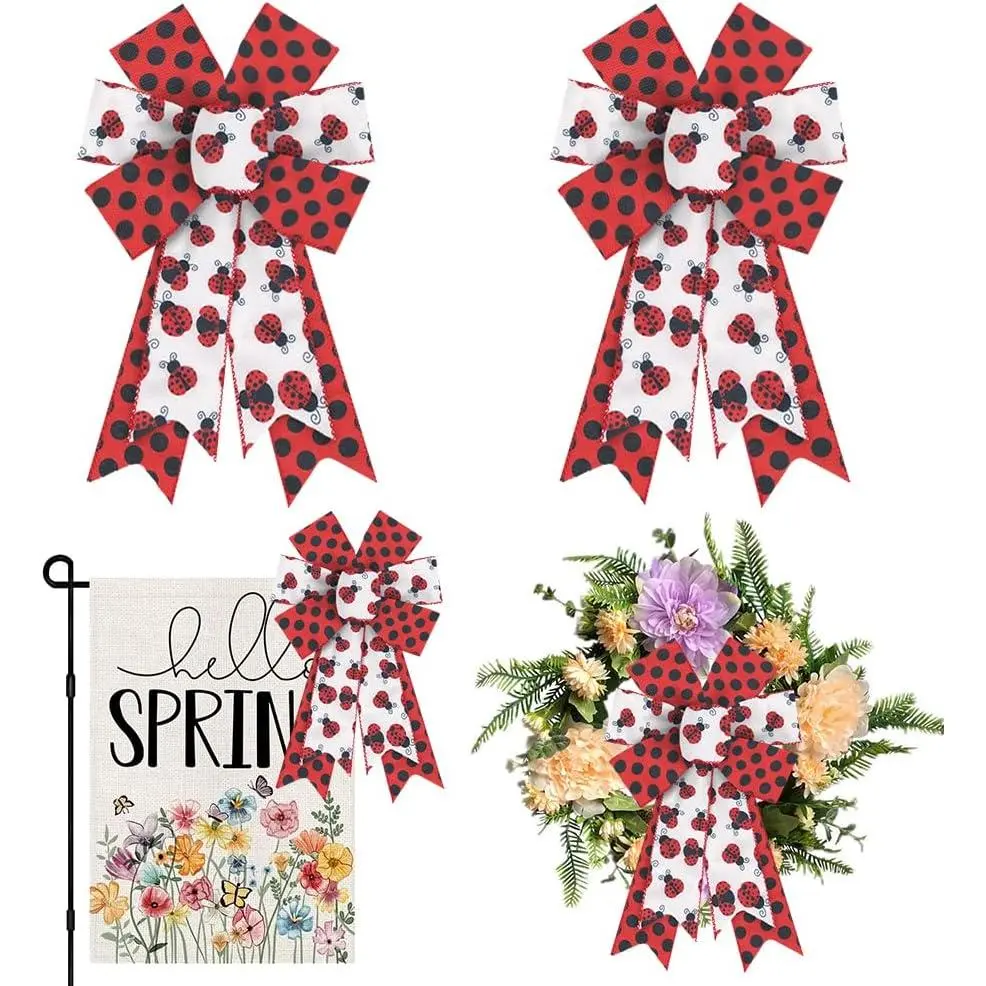 2 count Spring Wreath Bows White Red Ladybird Burlap Bows for Wreath, Red Black Dots Spots Ribbon Bows Spring Retro  Decor Bows for Springtime Indoor Outdoor Decoration Wreath Ornament Supplies
