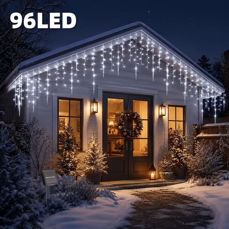 Solar Powered Christmas Lights String, 96 LED Icicle Design, Perfect for Wedding, Holiday Decorations, Outdoor Use