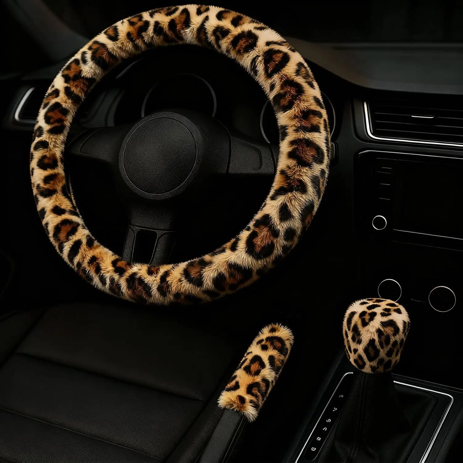 Steering Wheel Cover 3 count Set – Plush Fuzzy  Steering Wheel Cover with Gear Shift Cover & Handbrake Cover, Winter Warm  Accessories,  Interior Accessories for Women (Leopard)