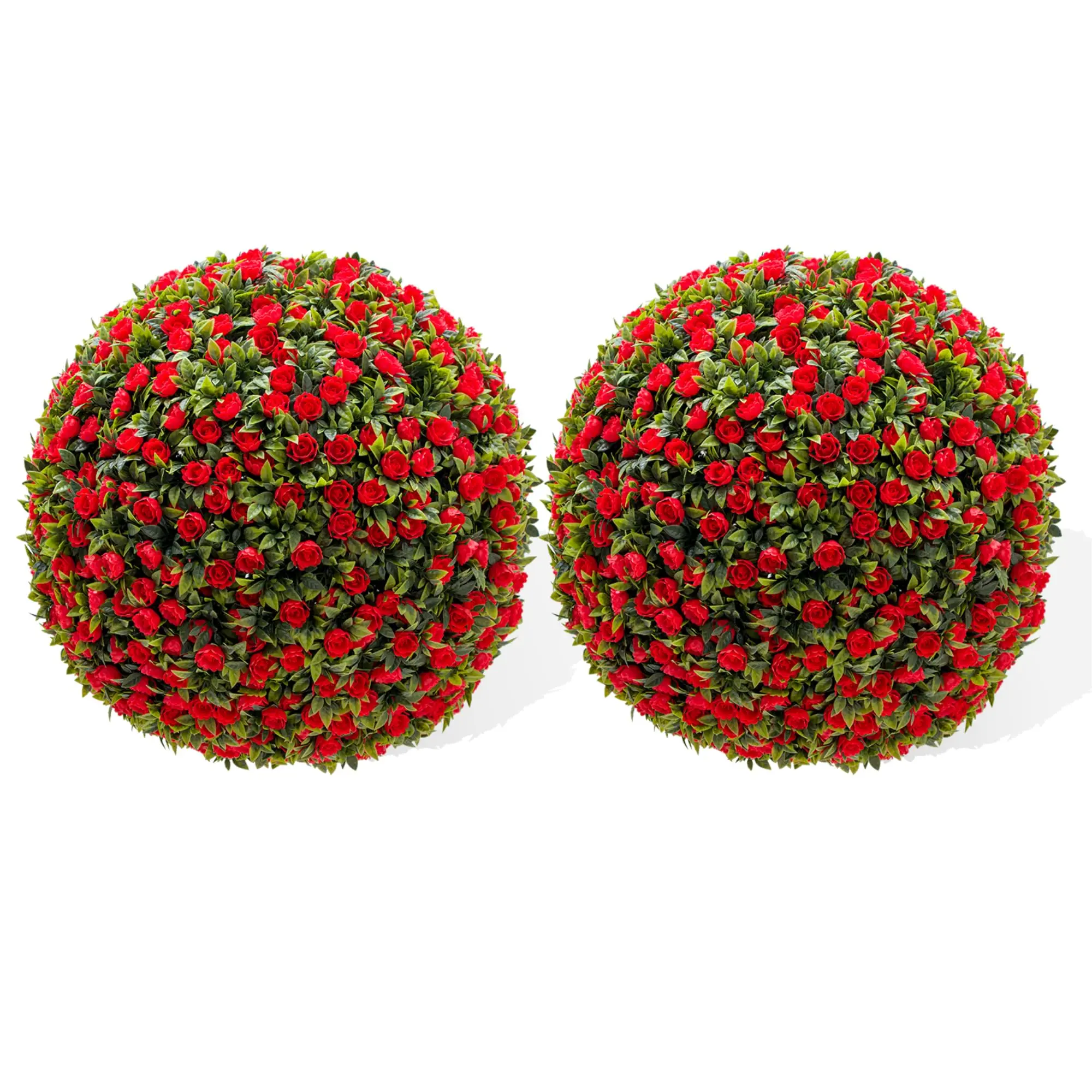 GARVEE Artificial Boxwood Topiary Balls with Red Roses - UV Resistant, Realistic Garden and Event Decor, Indoor and Outdoor Use, Set of 2, 40 cm Diameter