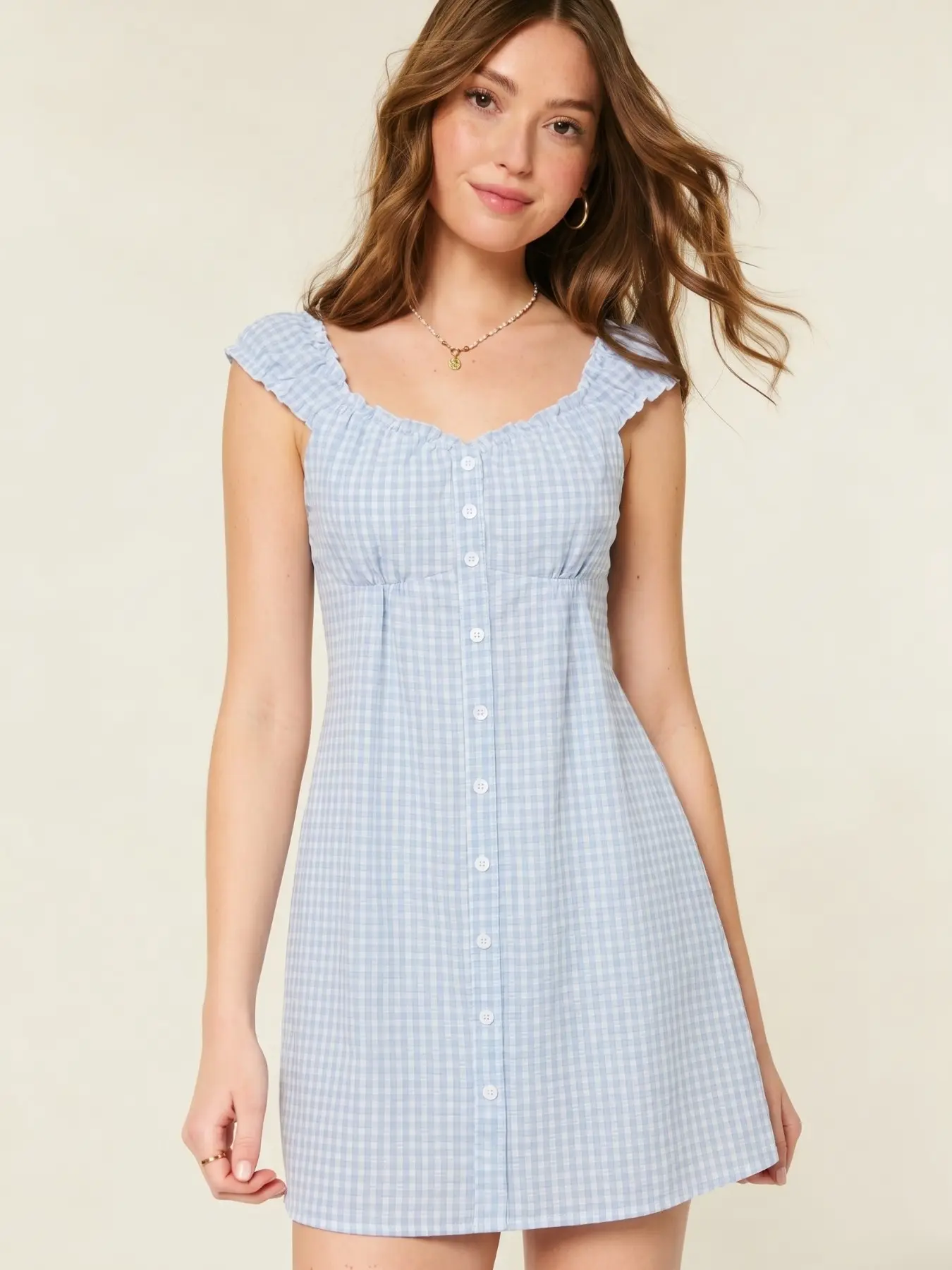 Women’s Light Blue Gingham Mini Dress, Ruffle Frill Strap, Button Front, Summer Casual a Line Dress, Perfect for Warm Weather
