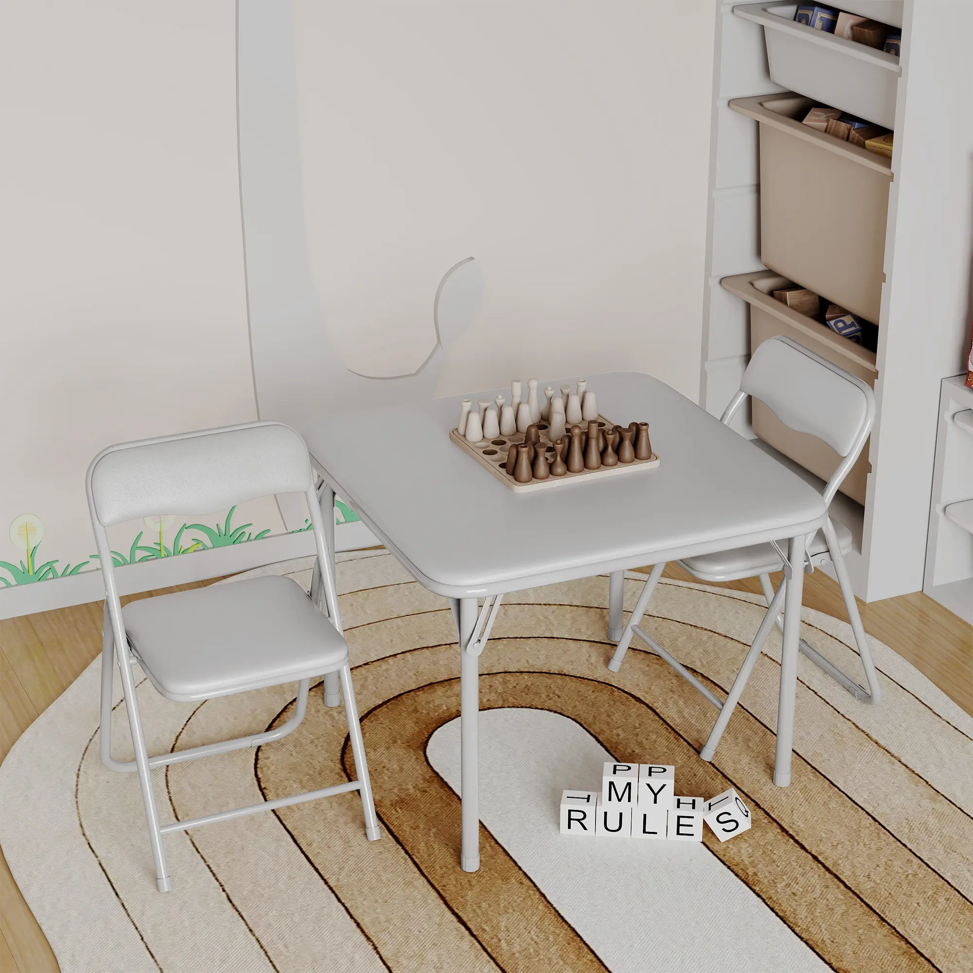 3-Piece Kids Folding Table and Chairs Set, Portable Space Saving Activity Desk with PU Soft Cushioned Seats, Indoor Outdoor Multi Use Furniture for Boys Girls Eating Reading Playing