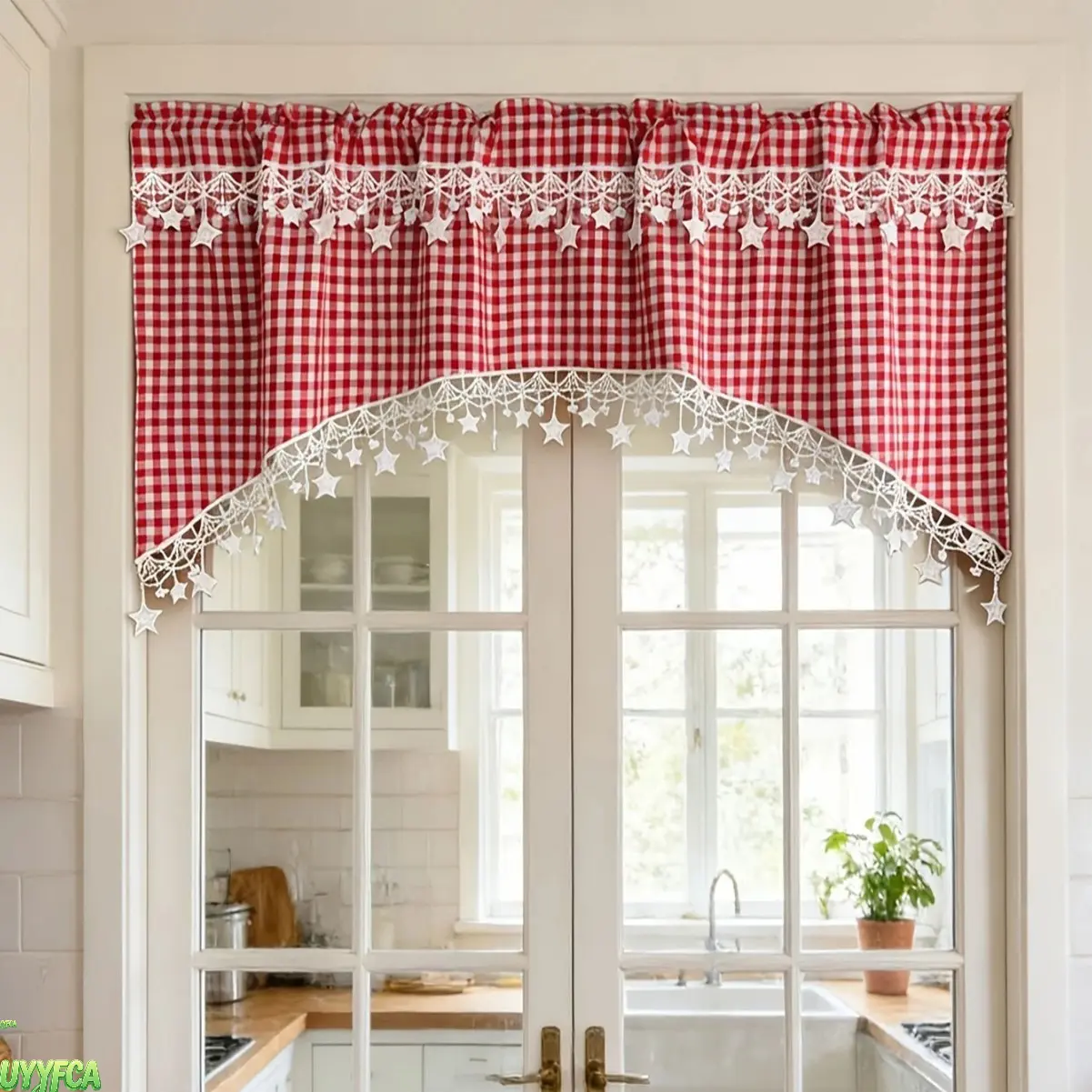 Rustic Gingham Swag Valance with Star Lace Trim, Semi-Sheer Linen Rod Pocket Curtain, Farmhouse Kitchen Cottage Core Decor, Window Drapes tiktokshopbacktoschool