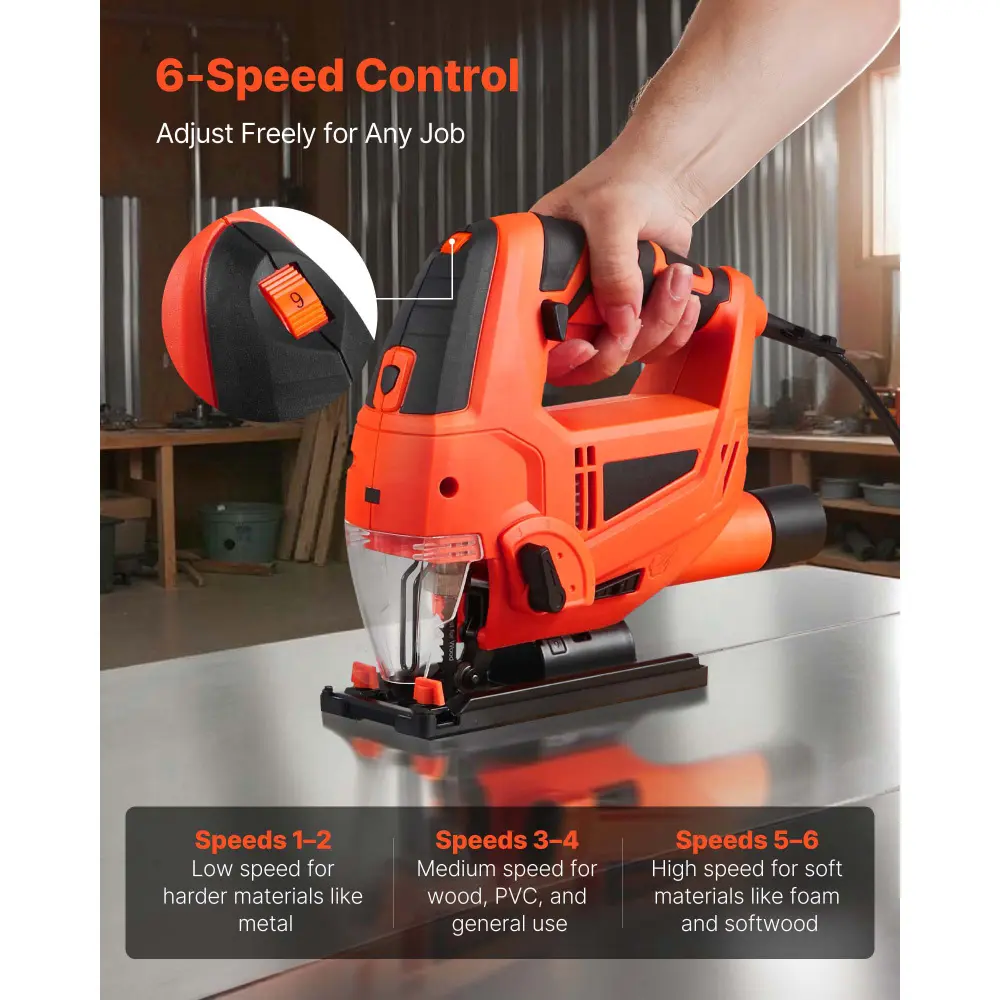 6.5A Electric Jigsaw 3000 SPM Variable Speed 6 Blades LED Light 0-45° Bevel Cut 4 Orbital Settings, Ditch Slow Hand Saw Rough Uneven Cuts, Power Curve Cutting Tool for Wood Metal DIY Workshop Projects, 4-Position Orbital Action,6 Adjustable Speed Settings