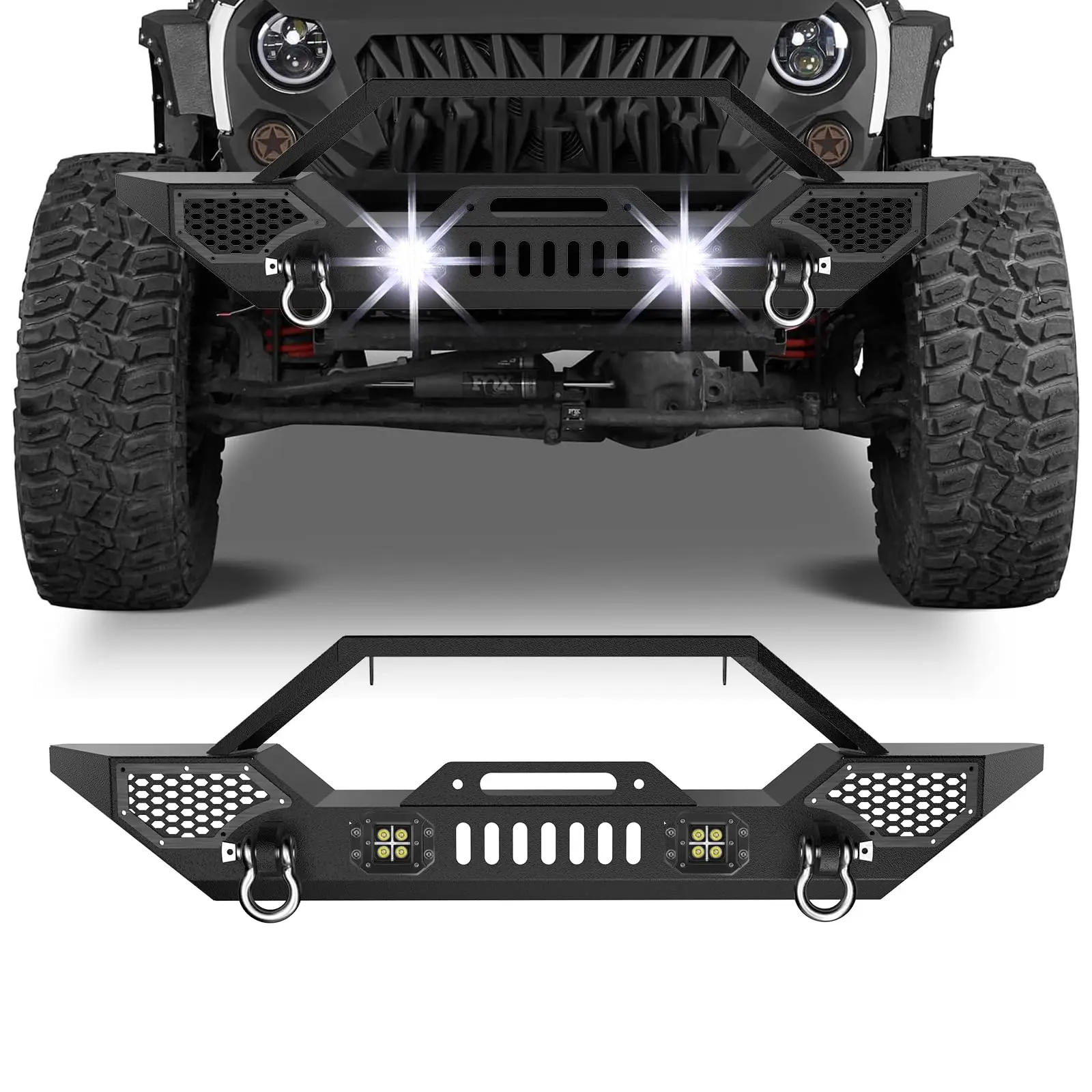 GARVEEFront Bumper Compatible with 2007-2018 Jeep Wrangler JK & Unlimited JKU (2/4 Doors), Rock Crawler Off Road Full Width Bumper with Winch Plate Mounting & 2 x D-Rings