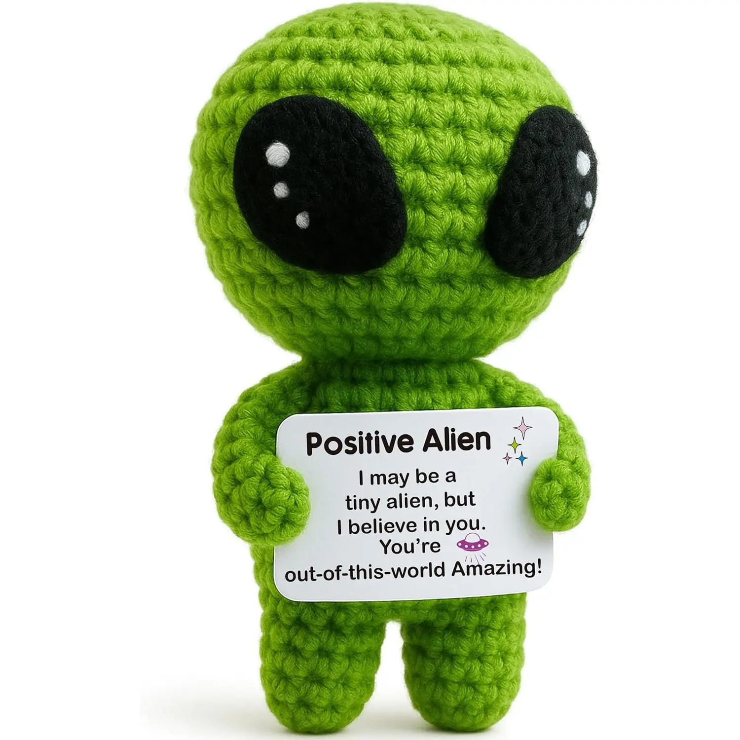 Funny Positive Crocheted Alien Plush with Uplifting Message Card - Valentines Day Gift, Easter Basket Stuffer - Small Encouragement Trophy for Teens, Unisex
