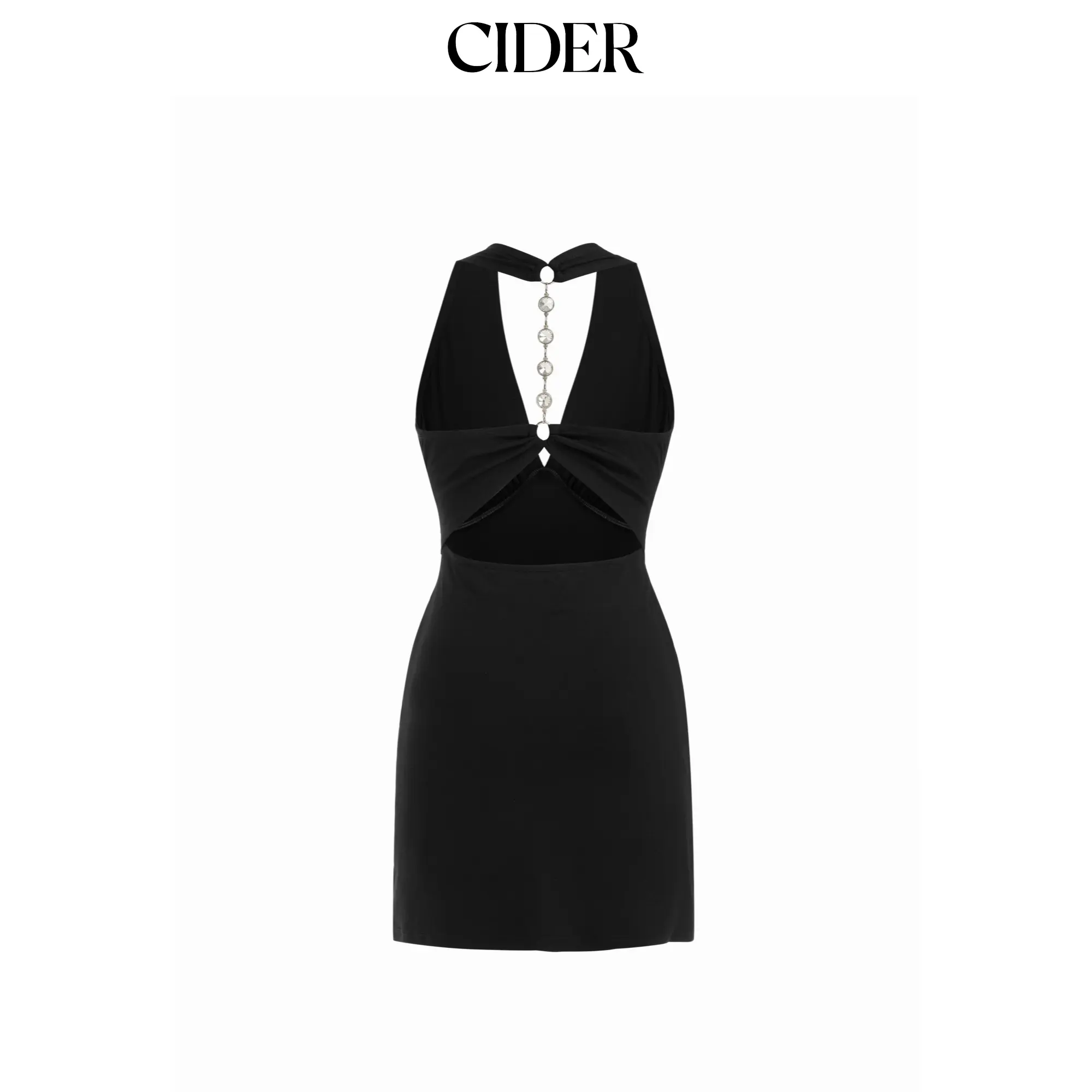 Cider V-neck Ruched Backless Rhinestone Chain Mini Dress SohoChic