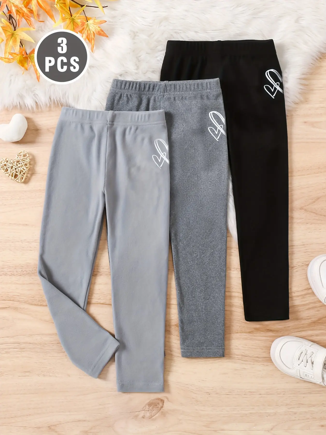 Girls' Long Pants Fall Winter, 250g Fleece-lined and Thickened Long Pants Three Piece Set, Solid Color Stretchy Soft Tight Fit, Heart Print, Daily Wear, Party