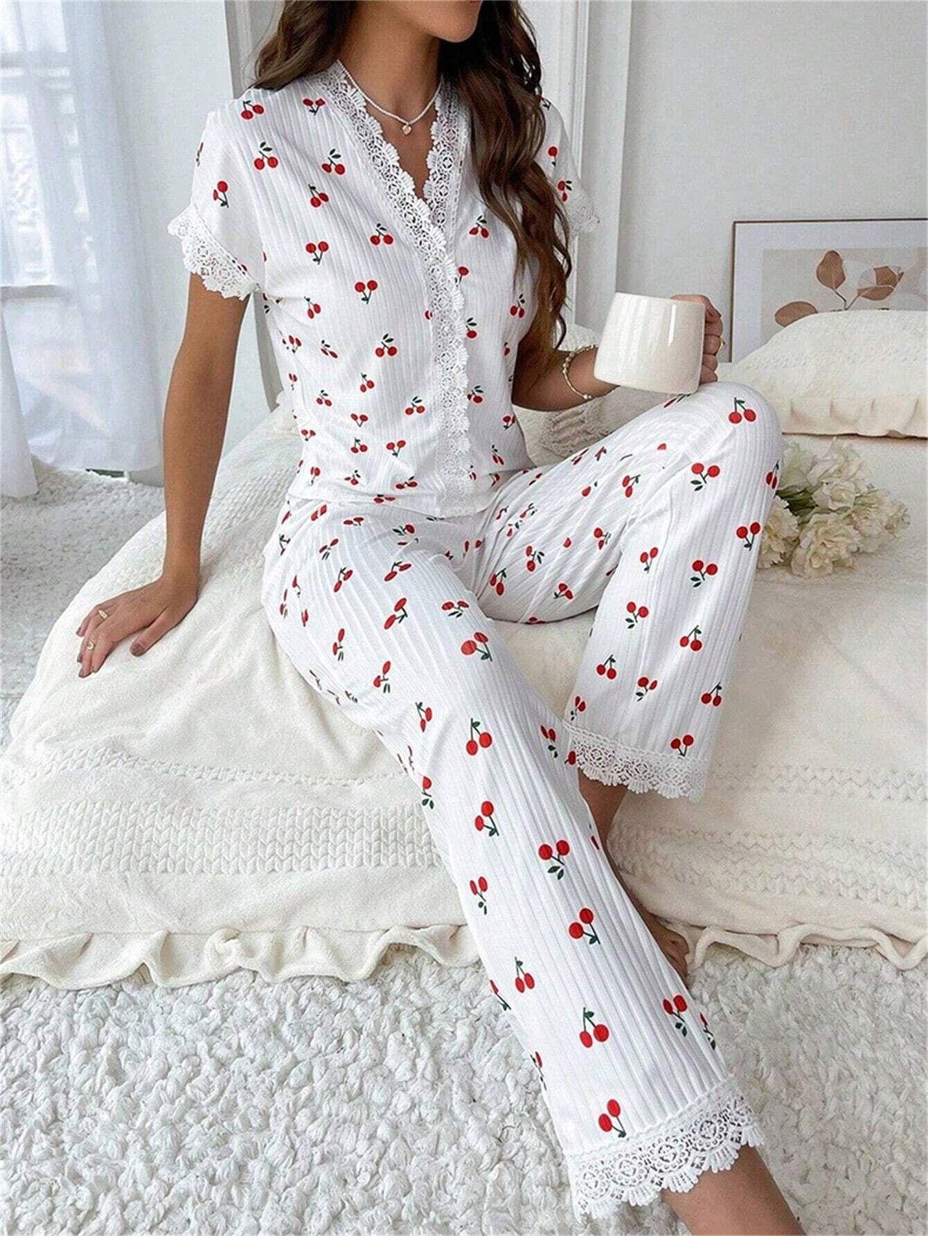 Cherry Print Short-Sleeve Collared Pajama Set for Women Oversized Style with Matching Pants