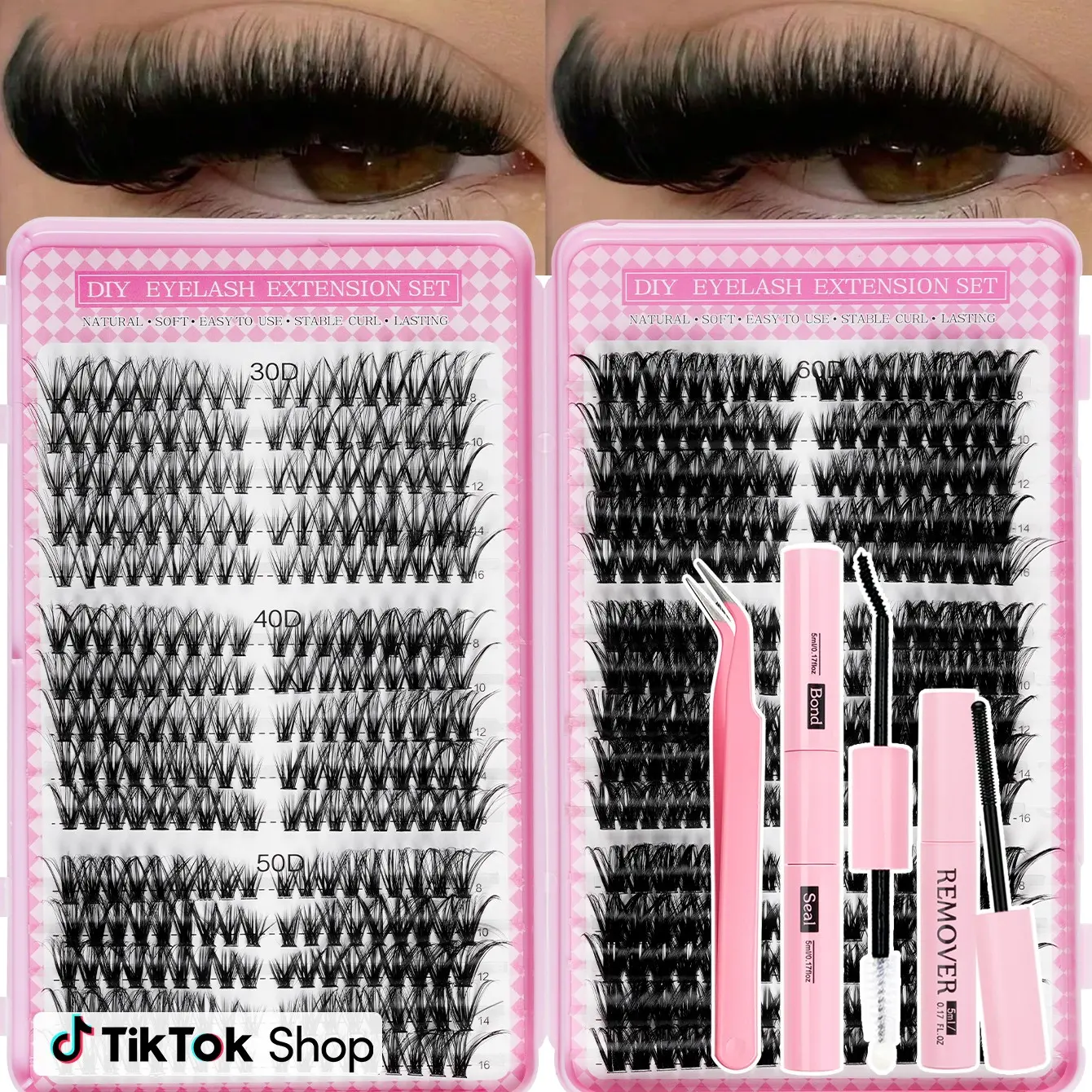 600 Pcs Eyelash Extension Kit with Glue, Tweezers and Remover, Includes Lash Tools, Mixed 8–16 mm Curl Lashes, Eyelash Clusters, Large-Capacity Beginner-Friendly DIY Lash Cluster Set for Home Use