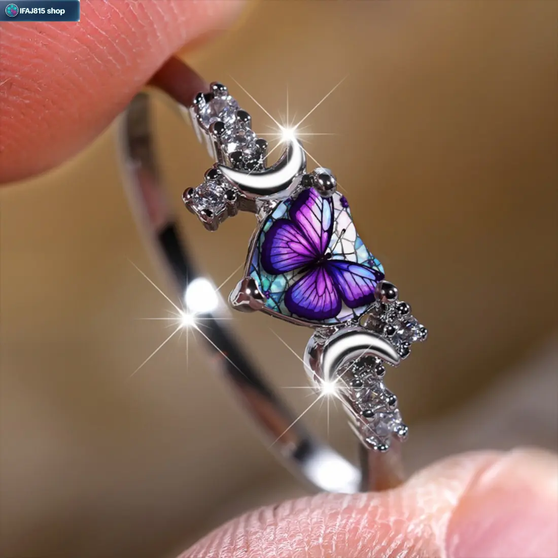 Women's Adjustable-Size Butterfly Moon Statement Ring, Cute Purple Gradient Finish Fashion Jewelry, Polyester Fabric Accents, Ideal for Party, Date Night Gifts