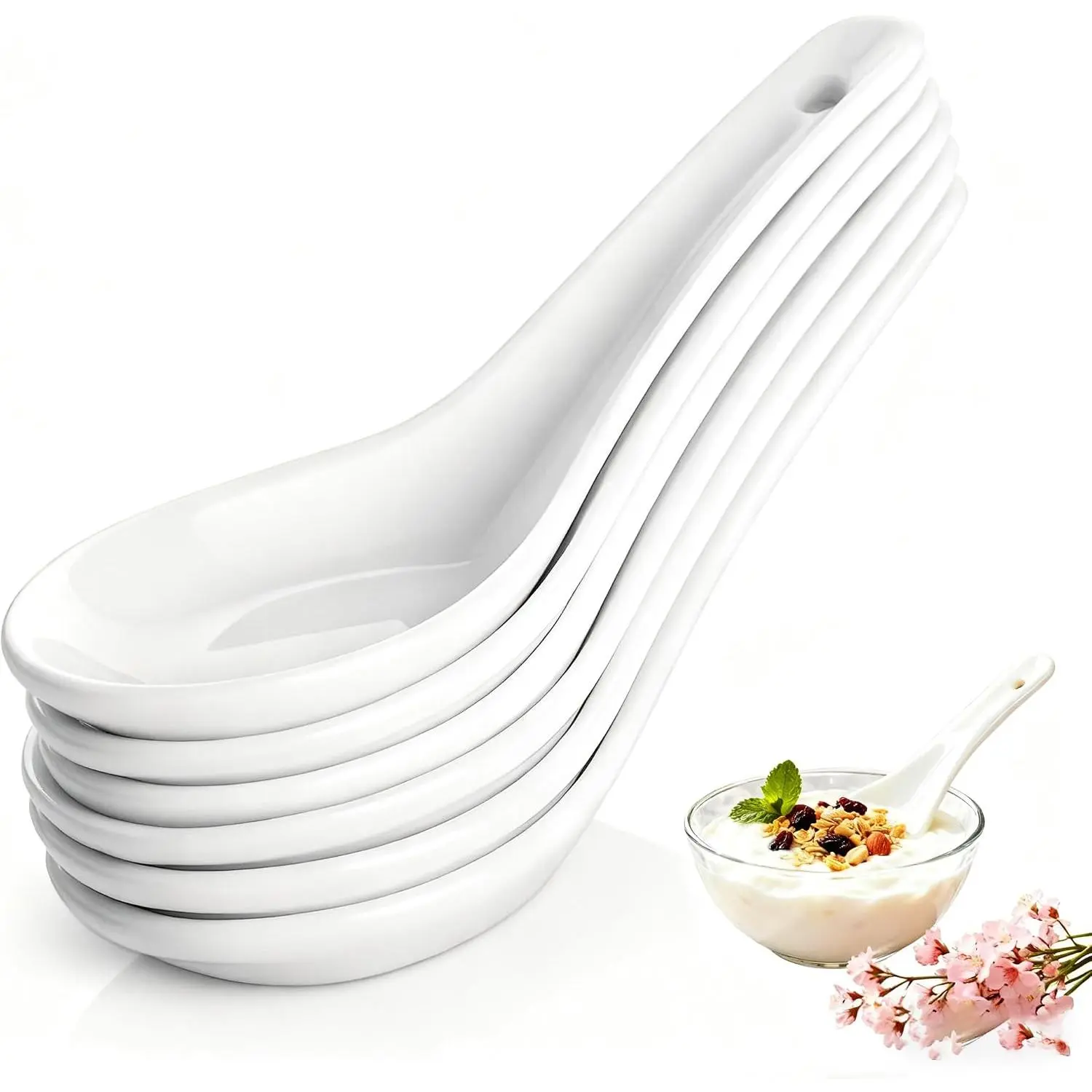 Soup Spoons Set of 6, Asian Ceramic Soup Spoons 5.3" Ramen Spoons Proper for Corelle Pho Miso Wonton Ramen Dumpling Macaron Dishwasher & Oven Safe