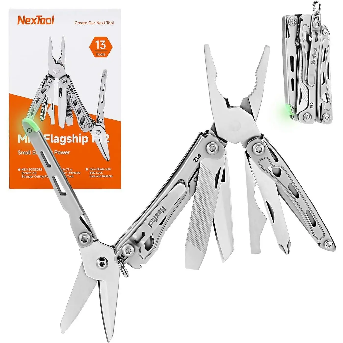 F12 Mini Multitool, 13-in-1 Keychain Multitool with Serrated Scissors, File and Safety Lock, Upgraded 80Cr14Mov Steel Multi Tool for EDC, Outdoor Adventures and DIY, Gifts for MenGift