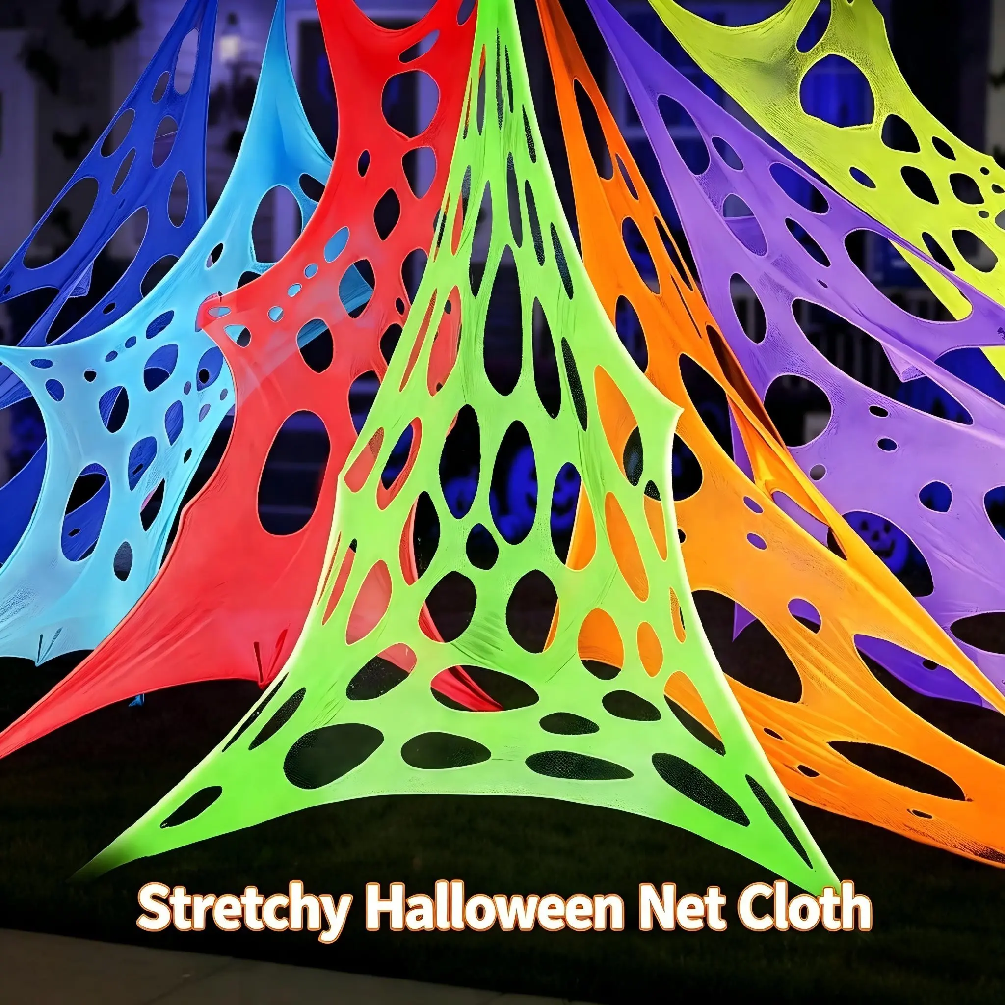 Colourful Stretch Spider’s Web Fabric for Halloween, Outdoor Garden Decoration, 10 Ground Pegs, 1.4 × 2 Metres, Ideal for Party Decorations