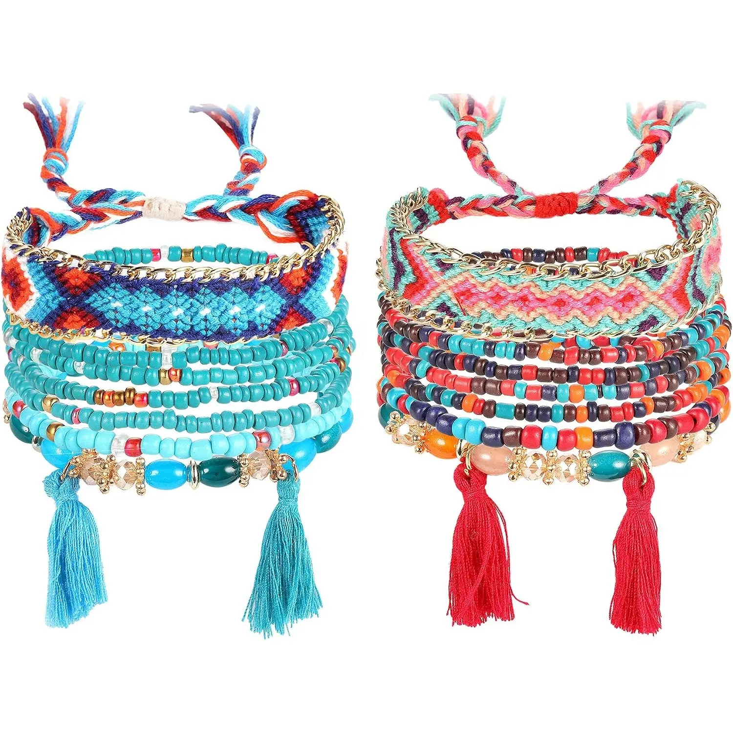 14-Piece VSCO Friendship Bracelets for Women, Adjustable Handmade Boho Woven Rope Beaded Braided Bracelets, Beach Surf Gifts for Teens, Boho Style Lovers, Daily Use, Birthday, Adjustable Size, Bohemian, Mixed Hues