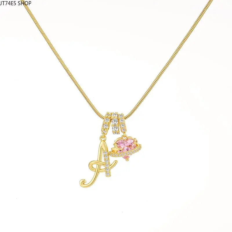 Girls' 26-Letter Initial Heart Pendant Necklace, DIY Light Luxury Zircon Copper Gold-Plated Fashion Costume Jewelry, Initial Necklace