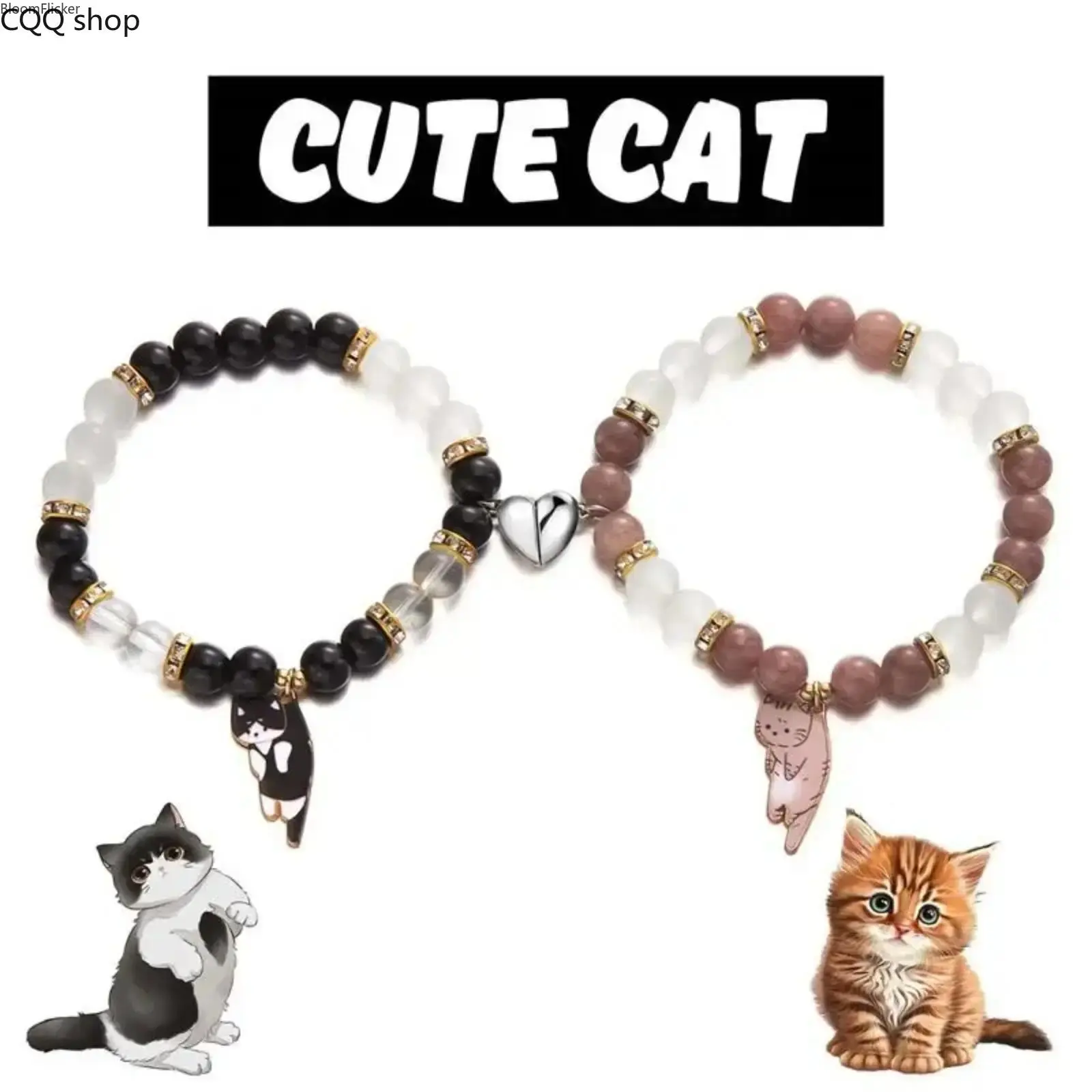 2-Pack Women Sports Wristbands with Cute Kitten Heart Charms, Sweet Matching Love Couple Set, All-Season Dainty Wrist Jewelry, Romantic Matching Accessory for Daily Wear & Couple Holiday Gifts