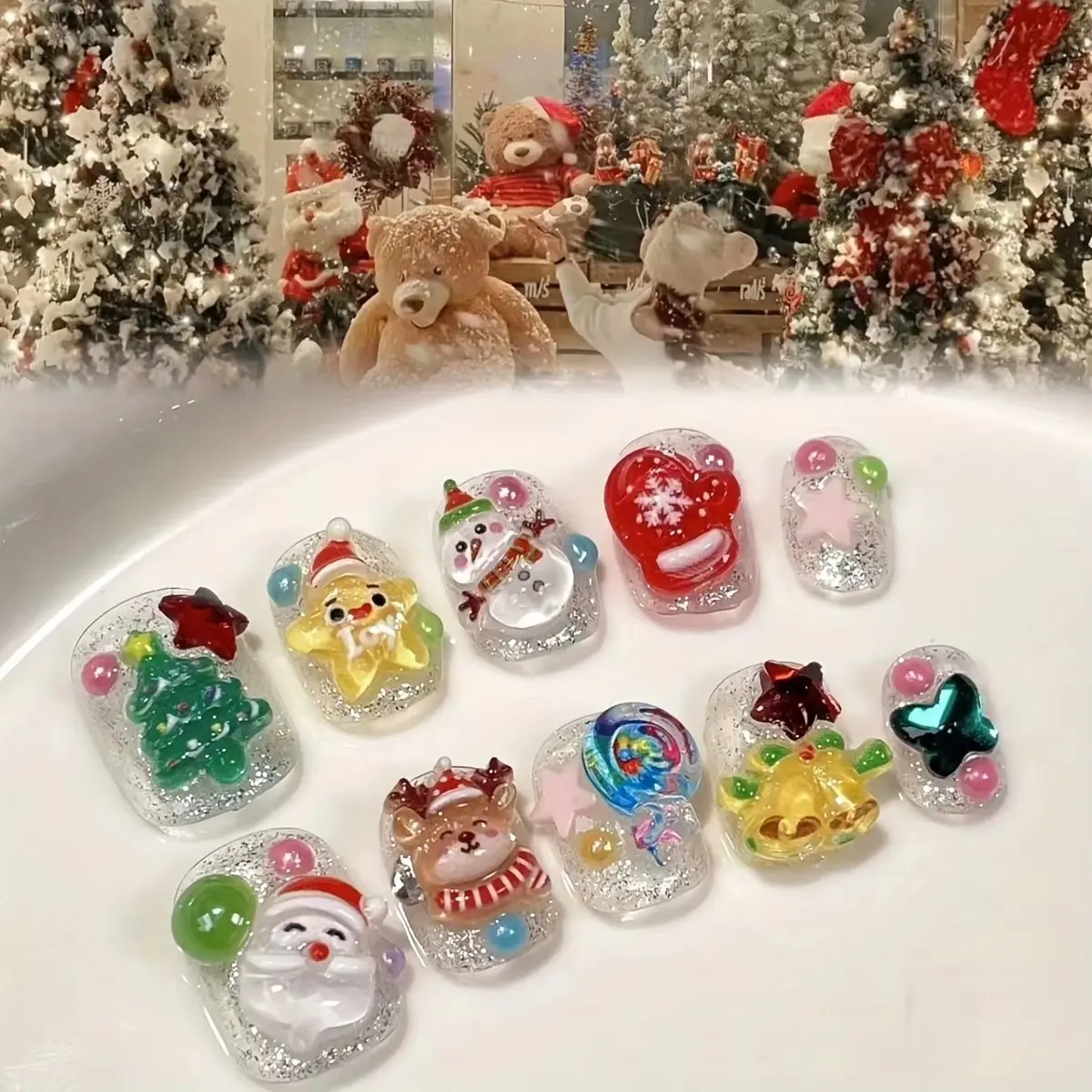 10pcs high-end Santa Claus, Christmas tree, Christmas deer, Christmas snowman, Christmas bell handmade fake nails Diy Fake Nails