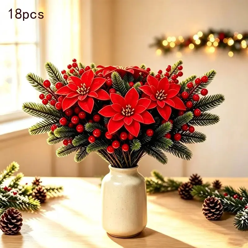 18-Piece Christmas Artificial Flower Arrangement Kit, Poinsettia, Pine Needles, Berries, DIY Holiday Bouquet Decorations