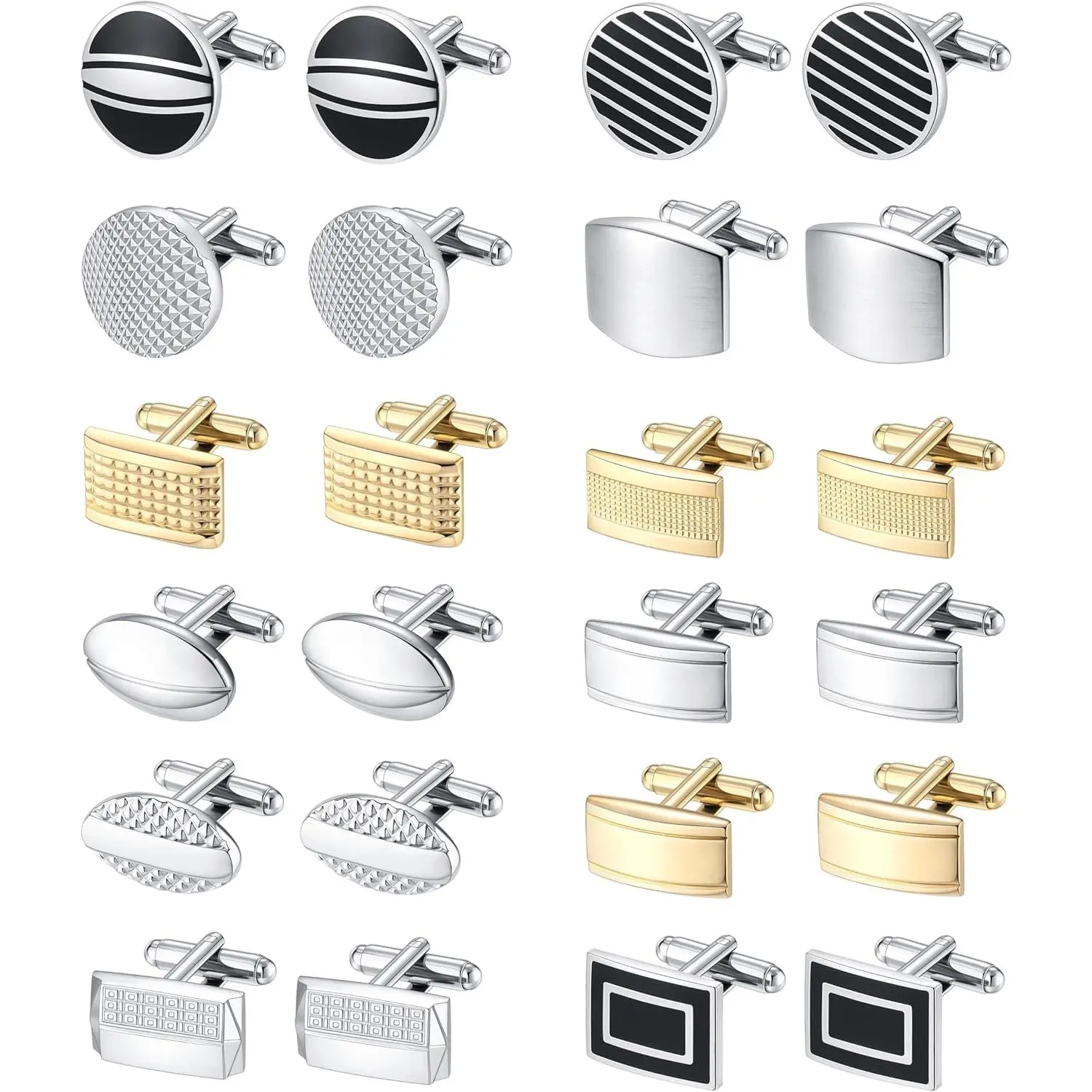 12 Pair Cufflink Set for Men, Classic Geometric Brass Designs in Silver & Black Tones for Business, Wedding & Everyday Formal Wear, Gift for Dads & Lawyers, Male, Elegant, Exceptional Value, Daily, 12 Pairs, Engineers