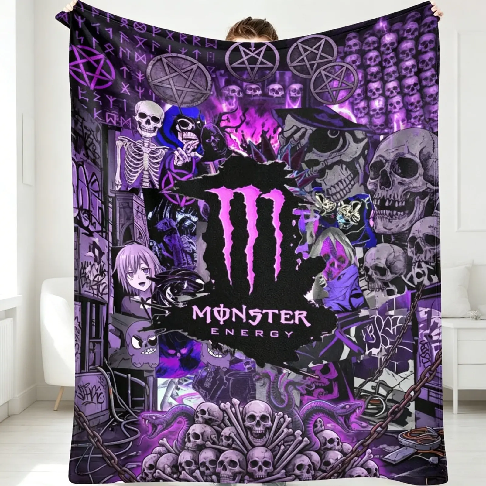 Gothic Skull Pentagram Flannel Blanket Dark Purple Horror Aesthetic Soft Cozy Lightweight AC Throw Blanket Kids Adults Sofa Bed Bedroom Living Room Office Travel Camping Movie Night Home Decor Gift Halloween Party Alt Style Viral Skull Blanket TikTokShop
