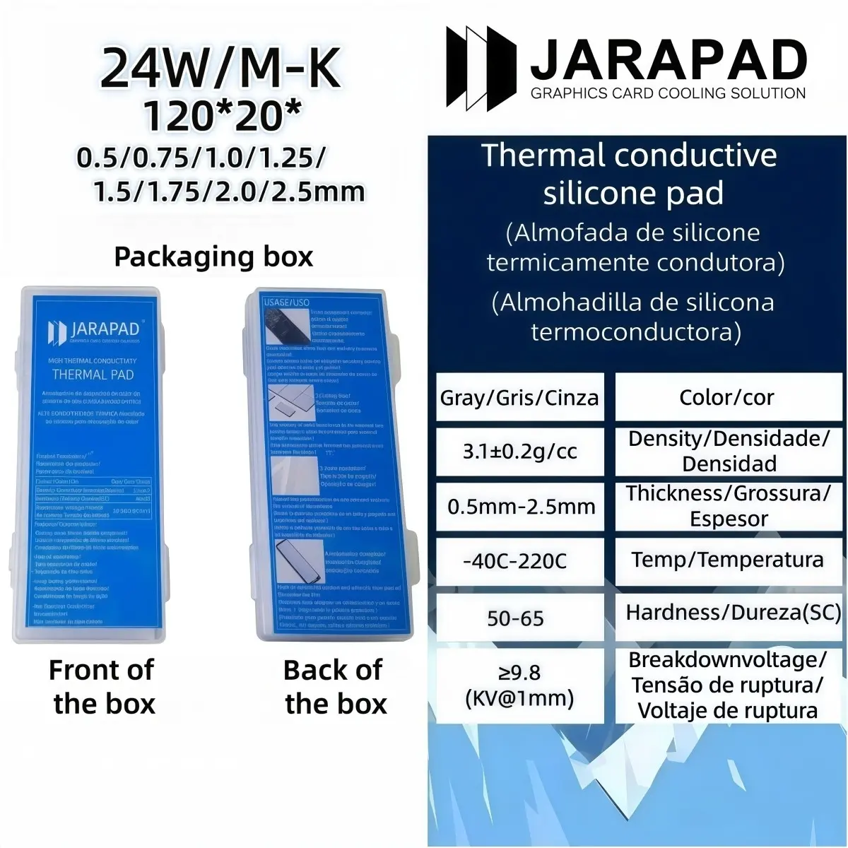 Jarapad 24w/m-K Thermal Conductive Silicone Pad, 120x20mm, 0.5-2.5mm, High Heat Dissipation for Gpu SSD Cpu, Gaming Computers