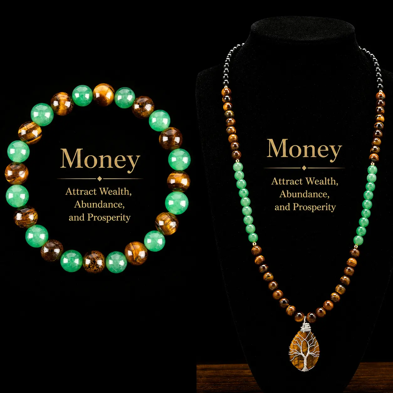 ARPURRAINA Unisex Money Attraction Beading Jewelry Set - 25g Tiger Eye Pendant Necklace, 77.4g Tiger Eye, Green Aventurine & Black Obsidian Bracelet, Feng Shui Crystal Healing Jewelry for Wealth & Protection, Money Attraction Bracelet, 25 G