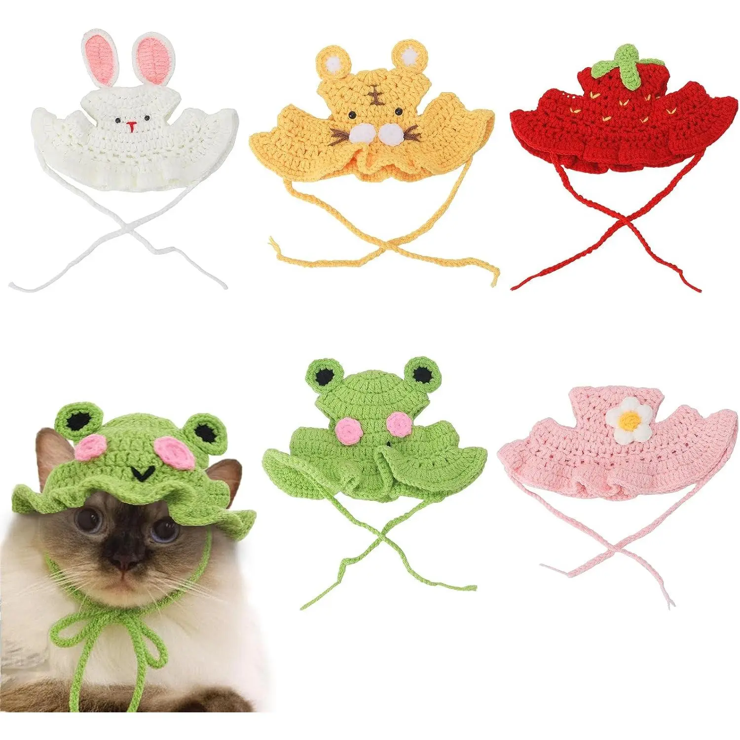 5 Pack Cute Knitted Cat Hats Dog Hats – Frog Strawberry Pink Flower Tiger Rabbit Funny Hat for Cats Dogs Small Pet Birthday Costume Accessories