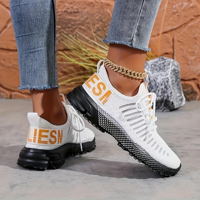 Women's Breathable Lightweight Knit Sneakers - Slip-Resistant PU Sole, Geometric Pattern & Orange Accents, All-Season Comfort for Running, Basketball, Tennis, Walking - Fashionable Casual Sneakers