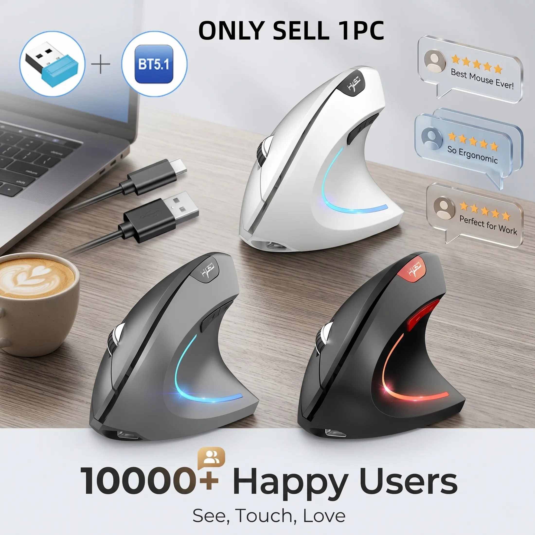 Ergonomic Wireless Mouse, Ergonomic Computer Mouse, Vertical, Dual Mode 2.4G+BT5.1 Connectivity 3 Adjustable Settings, USB Plug-and-Play, 2400 CPI, Optical Detection, Right-Handed Design, for Home and Office Use