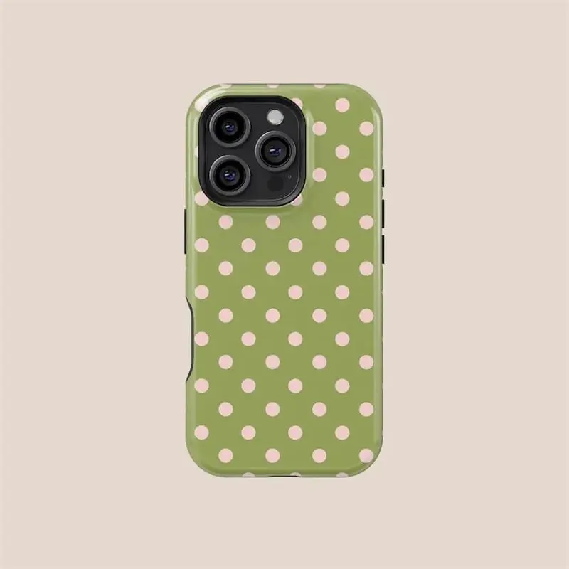 Olive Green with Pink Polka Dots Phone Case - Phone Case for iPhone 11 12 13 14 15 16 17 Pro Max & Samsung Galaxy S26 S25 Ultra S24 Plus S23 FE Aesthetic Style.MFLA37