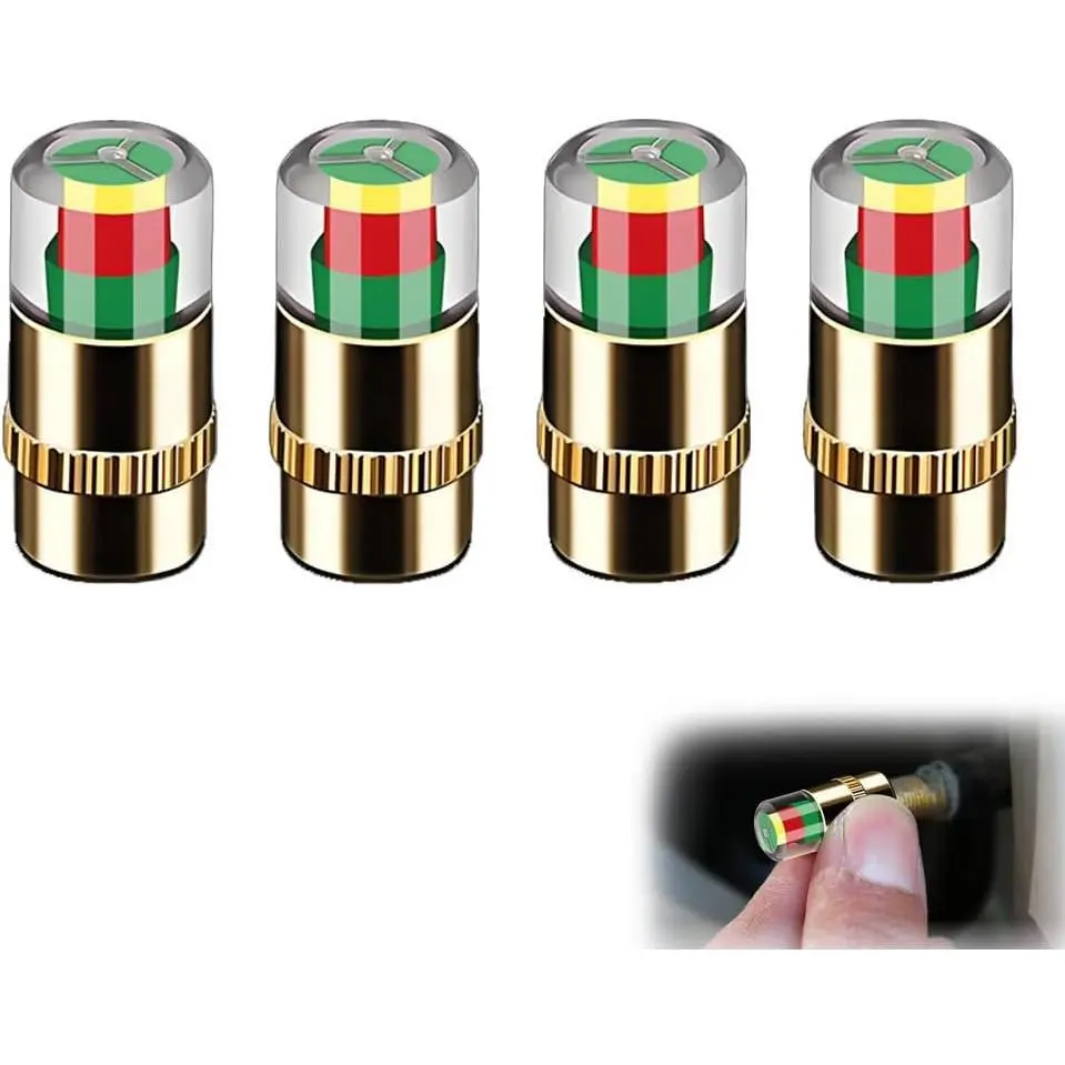 4-Pack Chromed Metal Tire Pressure Sensor Monitor Caps - Compact Automotive Safety Tool, 2.4Bar/36PSI Indicator, 3-Color Eye Alert, Easy Read, Easy Install, Fits Bicycles, Car Accessories