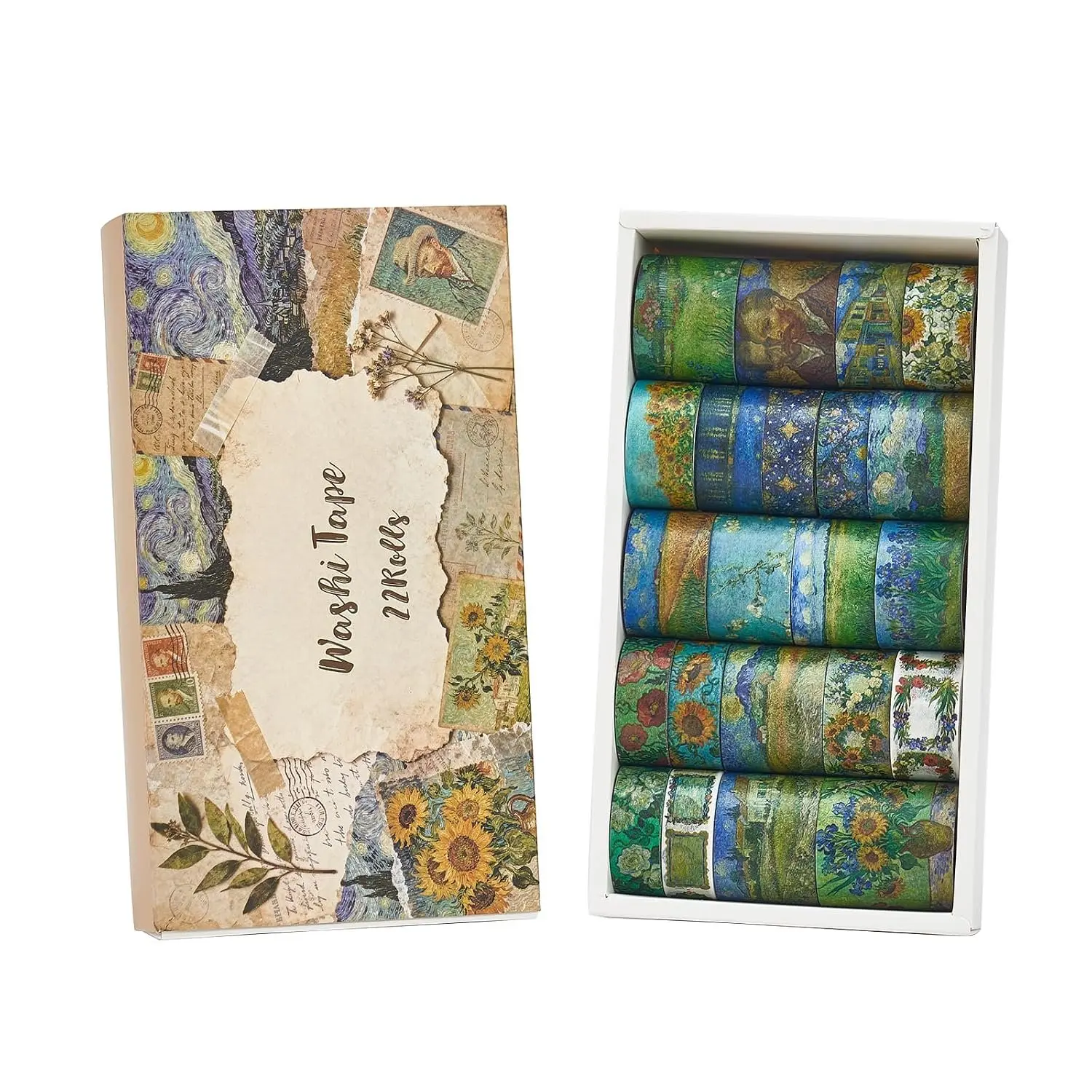 Art Washi Tape Set 22 Rolls, Decorative Masking Tape for Junk Journal, Scrapbooking Supplies, DIY Crafting Supplies