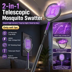 Rechargeable Electric Fly Swatter Bug Zapper, 2-in-1 Telescopic Mosquito Killer Racket with 90 Degree Rotating Head, UV Light Attractant, Type-C Charging, 5-Layer Safety Mesh, Extended Reach Handle for Indoor Outdoor Kitchen Bedroom Camping Use
