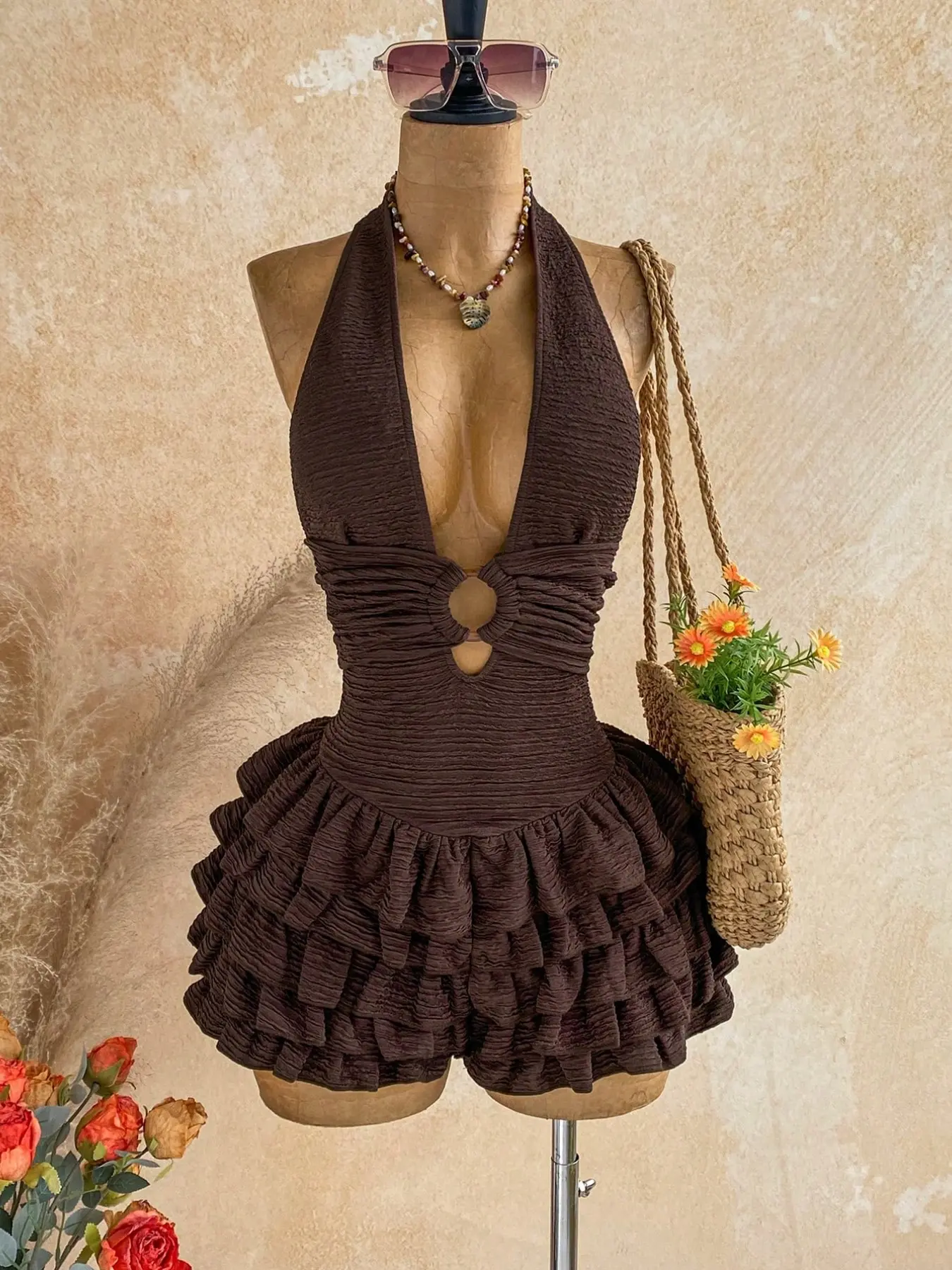 Vintage Aesthetic Textured Halter Beachwear Jumpsuit for Women, Deep V Double O-Ring Cutout Multi-Layer Ruffle Mini Skort, Ideal for Tropical Beach Outfits Lightweight