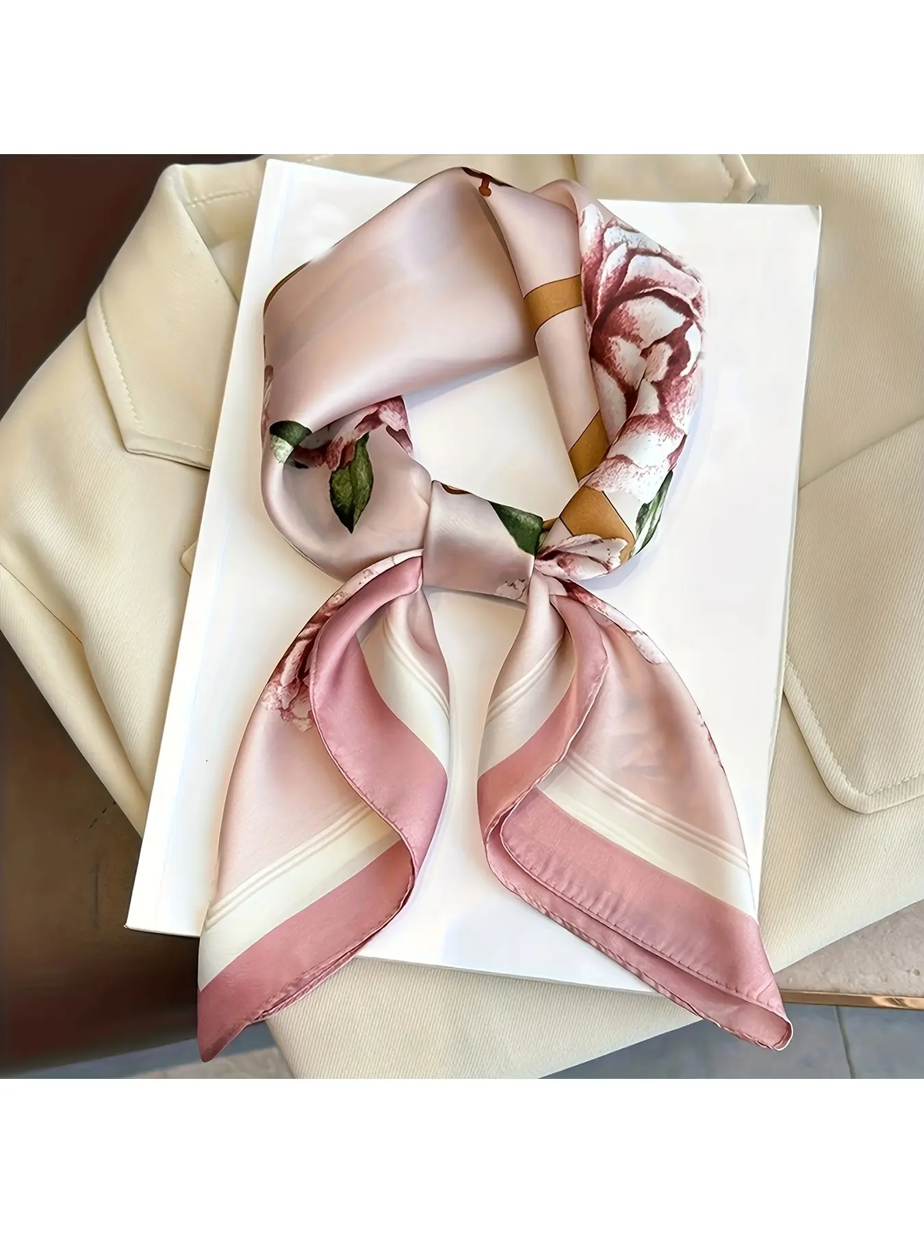 Lady's Elegant Floral Print Handkerchief - Soft pastel white, suitable for all seasons, versatile and fashionable scarf, machine washable/dryable, stylish protection, exquisite item