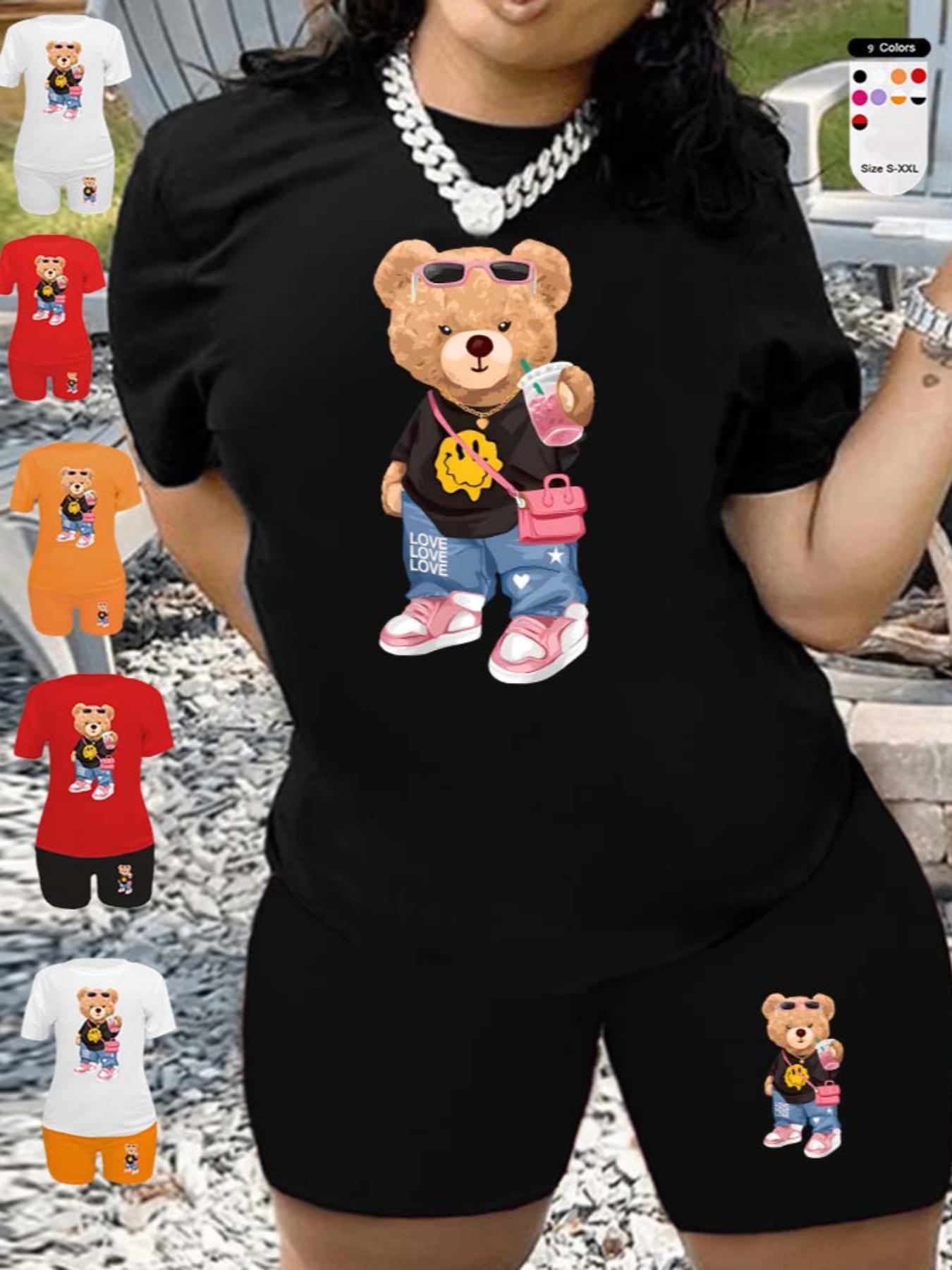Two-Piece Set Women's Cartoon Bear Print Short Sleeve T-shirt & Skinny Shorts Set, Round Neck Tee & Shorts for Summer, Lady Outfits for Daily Wear Two-Piece Set Women's Cartoon Bear Print Short Sleeve T-shirt & Skinny Shorts Set, Round Neck Tee & Shorts for Summer, Lady Outfits for Daily Wear