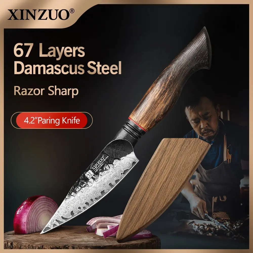 XINZUO Damascus Paring Knife, 4.2 Inches Long, with 67-Layer Damascus Super Steel Blade, 60±2 HRC Hardness, 15°±1 Edge Angle per Side, North American White Oak + Red G10 Handle, Lightweight & Anti-Rust, Exquisite Gift Box Included