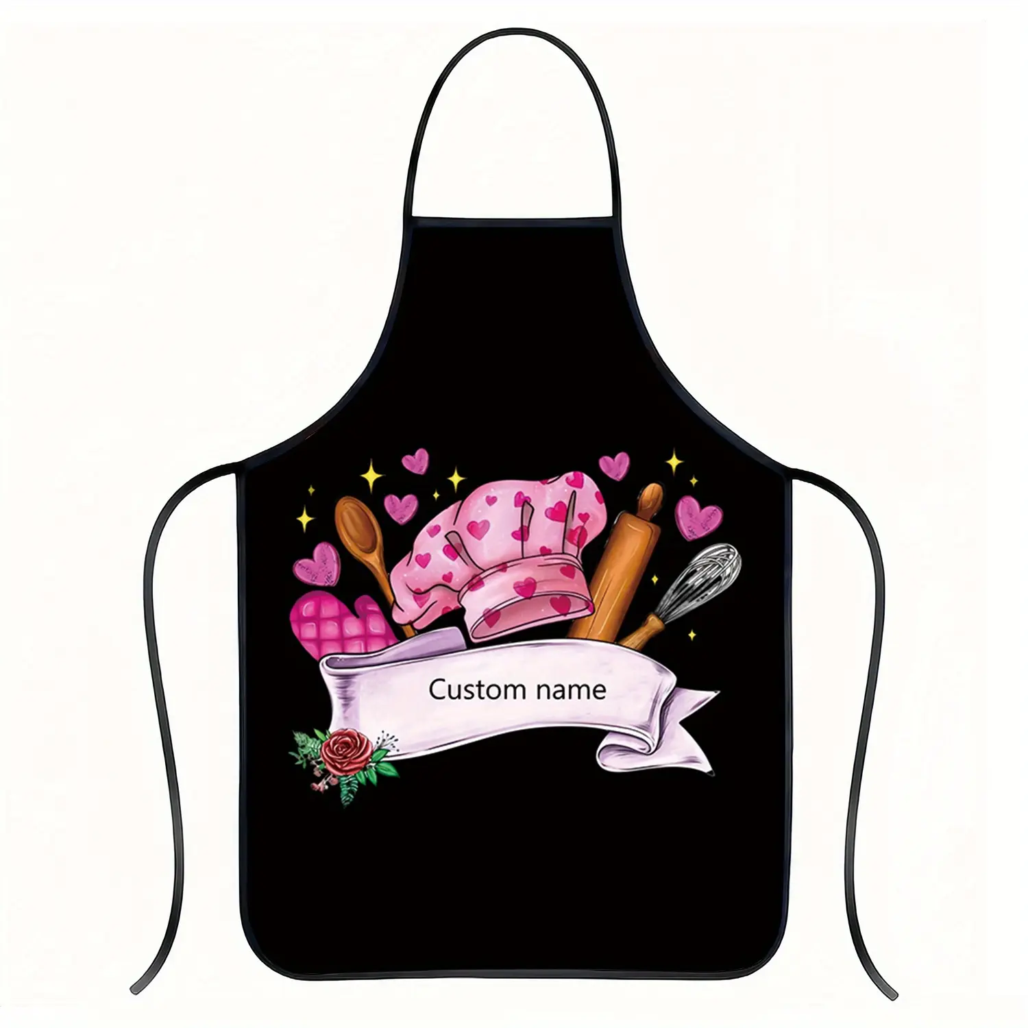 Custom Name Modest Waterproof Pink Chef Apron - Sleeveless Durable Polyester Apron with Pockets, Lace-Up Neck Strap, Kitchen Utensils/Hearts/Stars Print, Everyday Home Cooking Accessory, Holiday Gift, Aprons With Pockets, Birthday