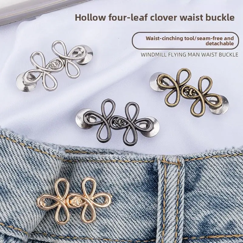 Metal Four Leaf Clover No Sew Jeans Waist Tightener Buttons, Detachable Adjustable Waist Buckle, Reusable No Nail No Sew Waist Resizer Tool, Instant Waist Cinch Clip for Loose Jeans Pants Skirts Dresses