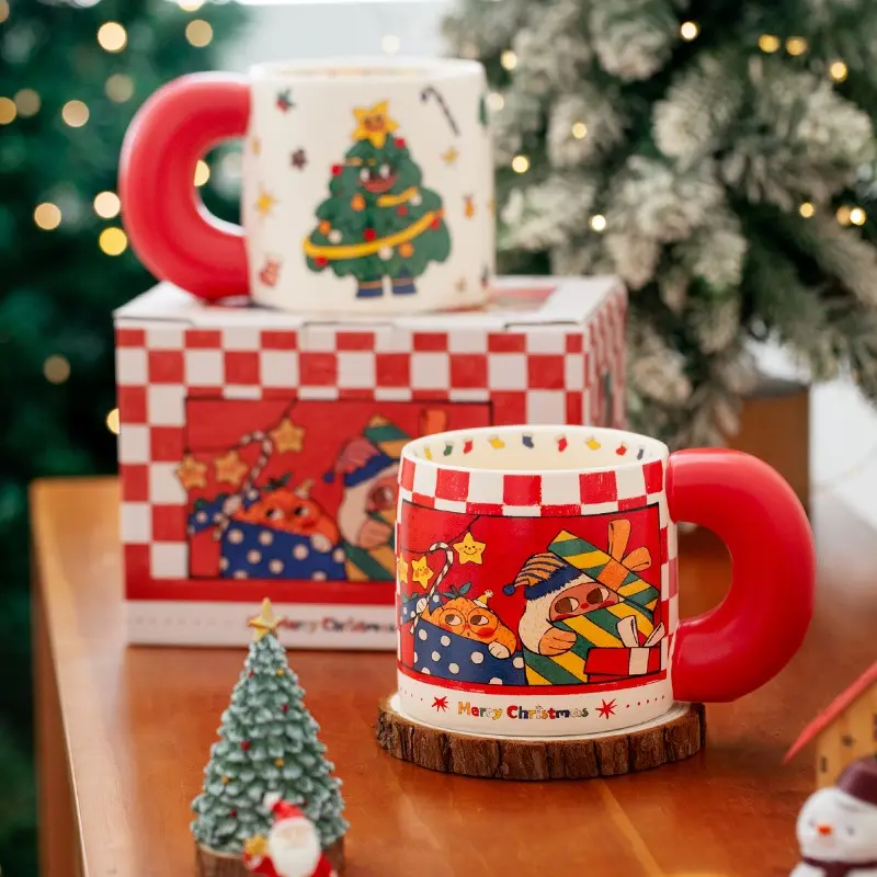 Christmas Snowman Ceramic Mug, Handle, Checkered Pattern, Cute Cartoon Snowman, Perfect Holiday Gift for Family Friends Kids